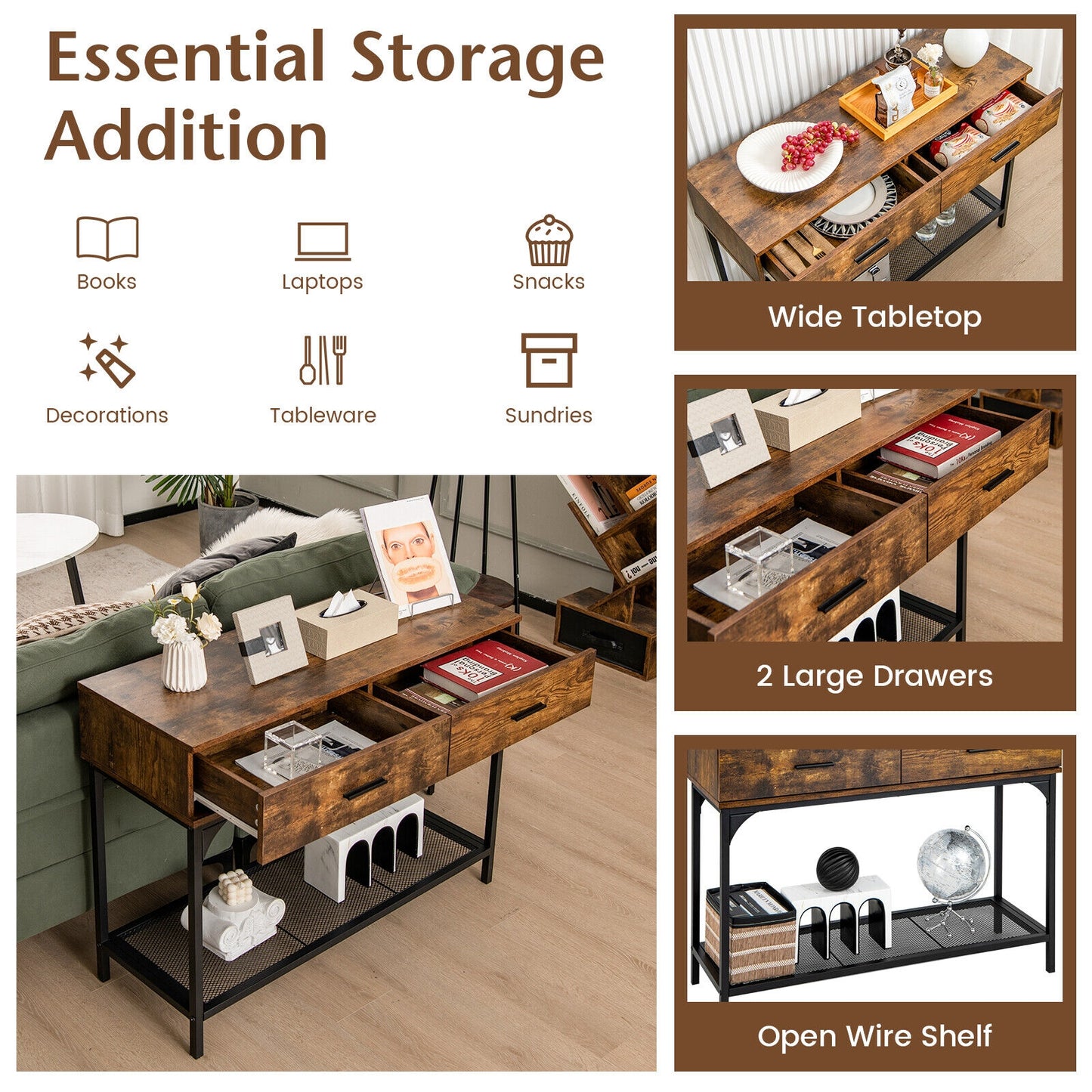 2 Drawer Industrial Console Table with Sturdy Metal Frame for Living Room Storage