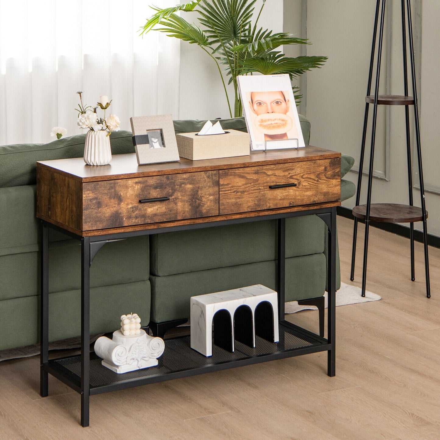 2 Drawer Industrial Console Table with Sturdy Metal Frame for Living Room Storage