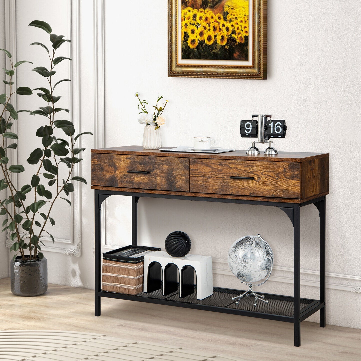 2 Drawer Industrial Console Table with Sturdy Metal Frame for Living Room Storage