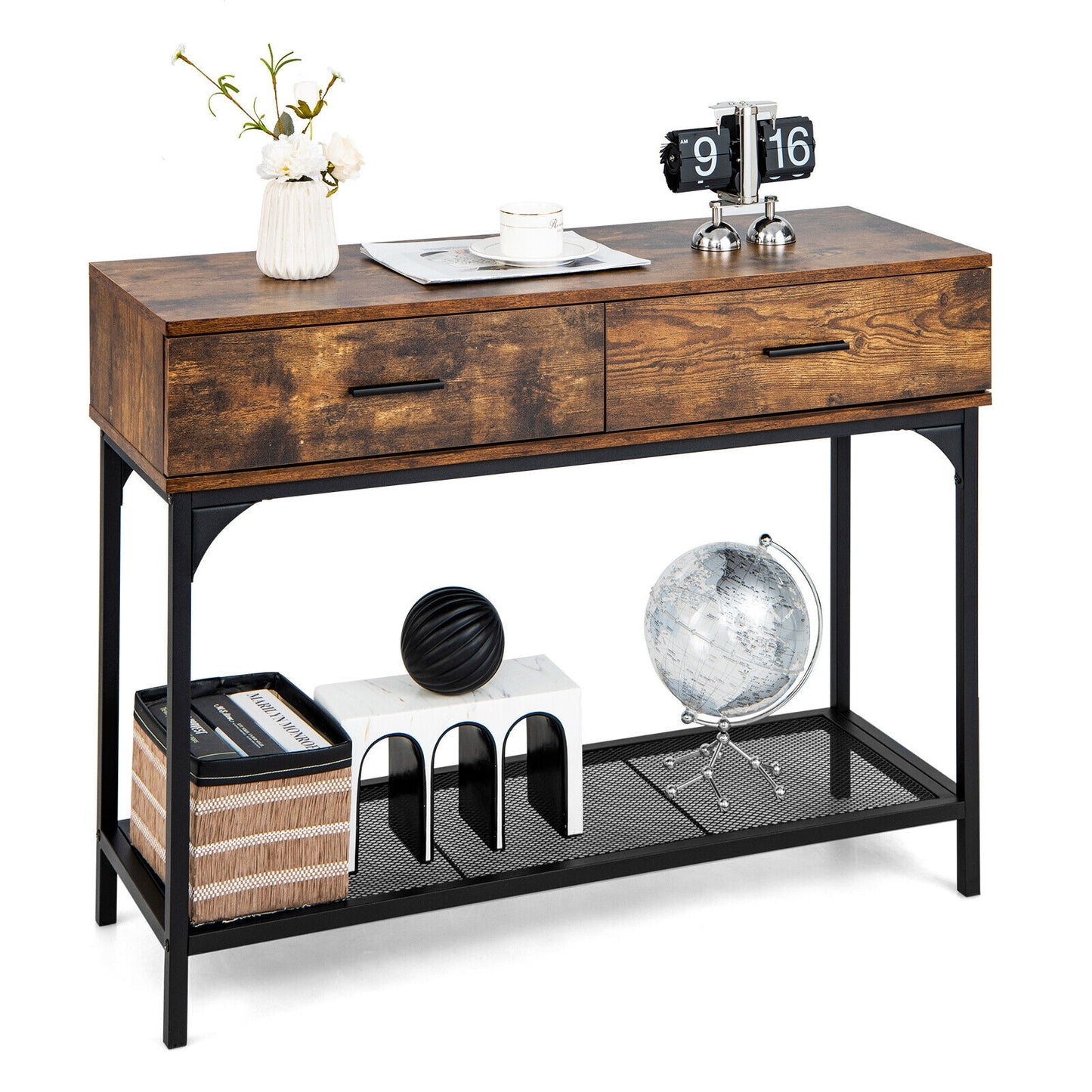 2 Drawer Industrial Console Table with Sturdy Metal Frame for Living Room Storage