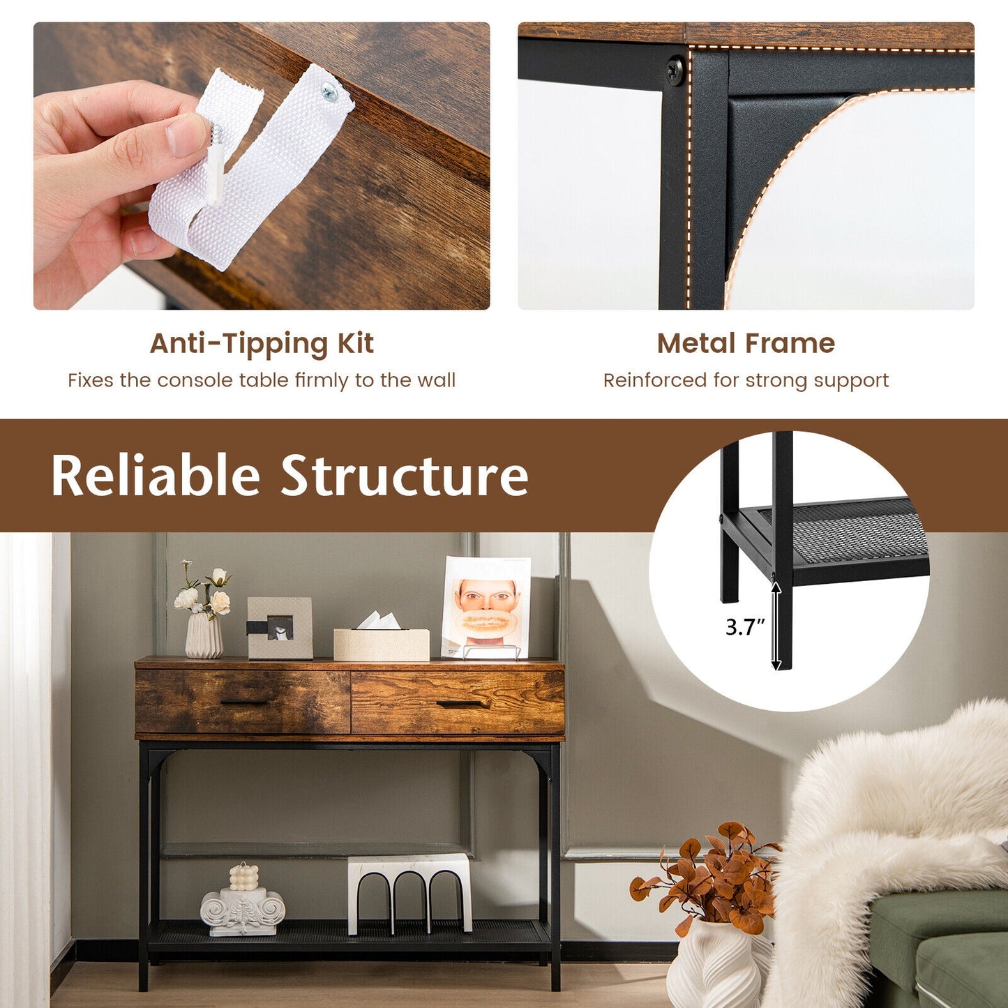 2 Drawer Industrial Console Table with Sturdy Metal Frame for Living Room Storage