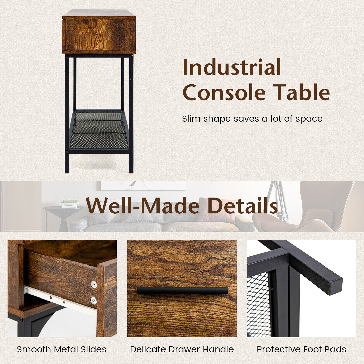 2 Drawer Industrial Console Table with Sturdy Metal Frame for Living Room Storage