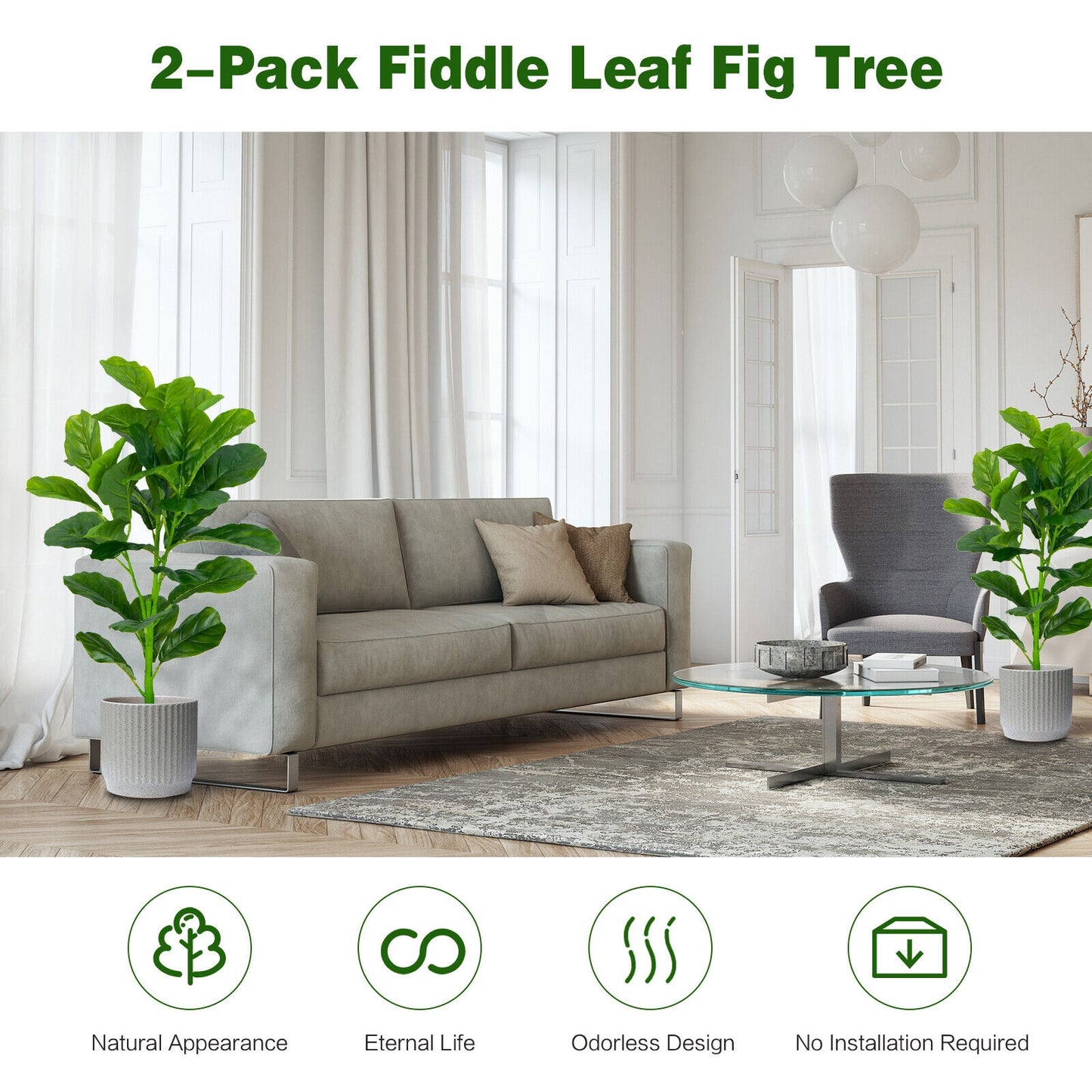 Set of 2 Lifelike Artificial Fiddle Leaf Fig Trees – Realistic Faux Indoor/Outdoor Plants