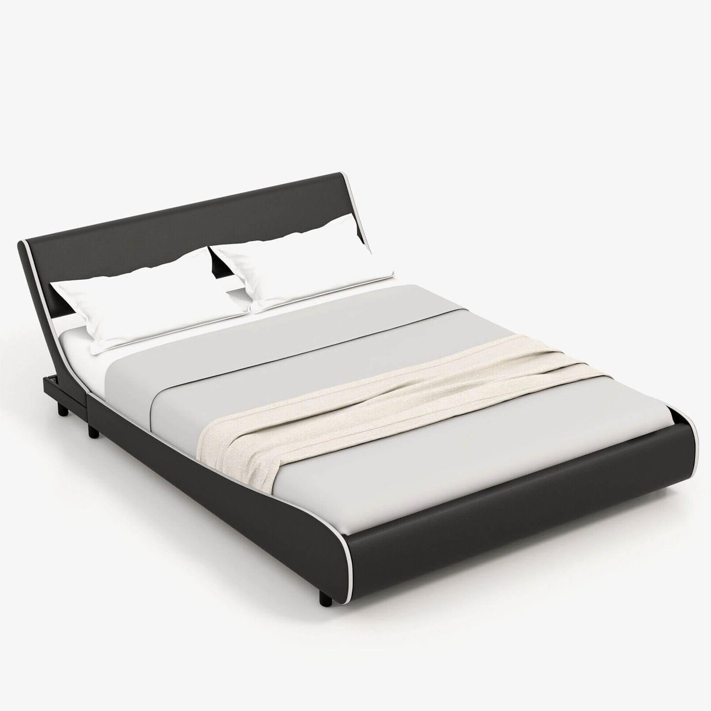 Low Profile Upholstered Faux Leather Platform Bed with Curved Headboard – Queen Size