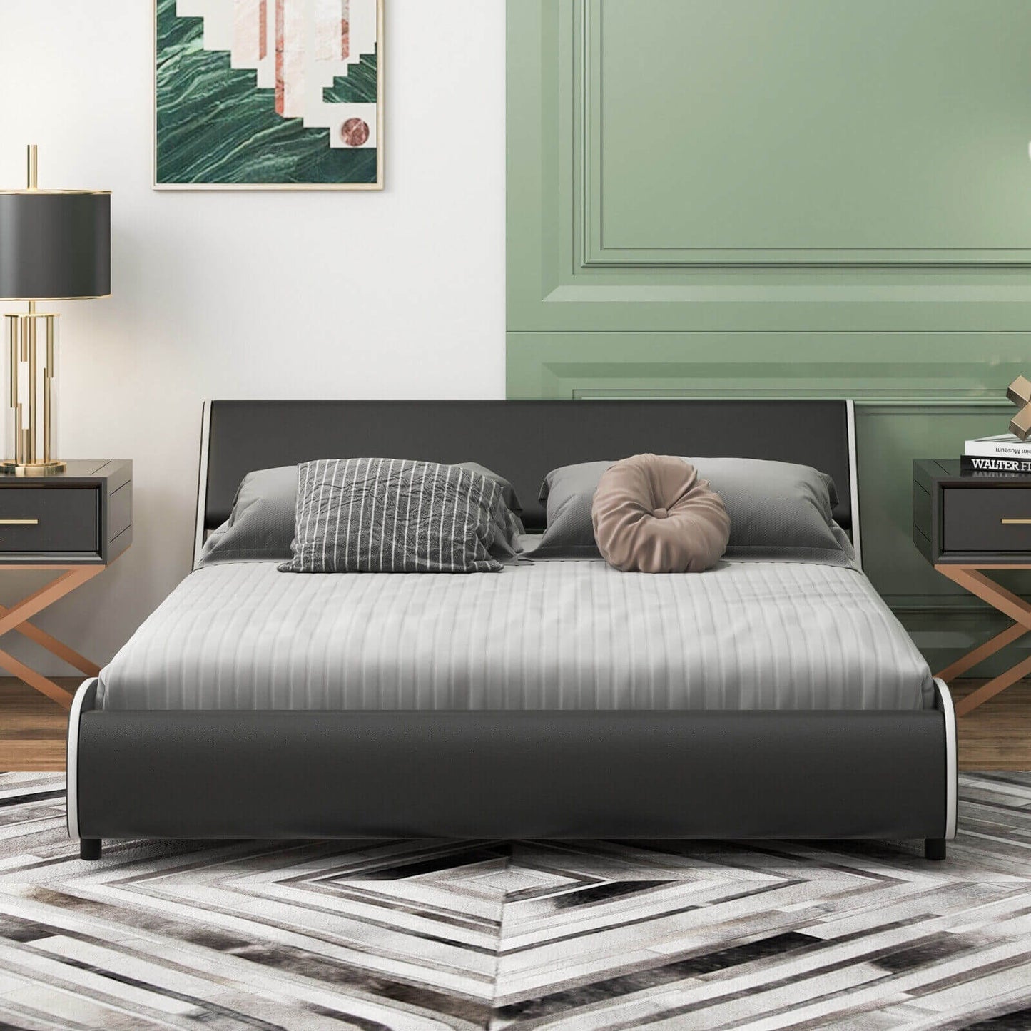 Low Profile Upholstered Faux Leather Platform Bed with Curved Headboard – Queen Size