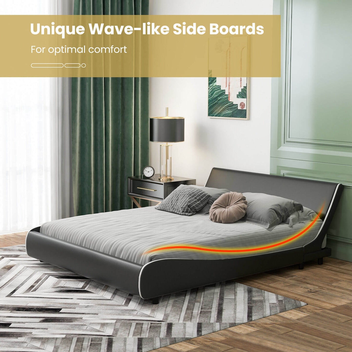 Low Profile Upholstered Faux Leather Platform Bed with Curved Headboard – Queen Size