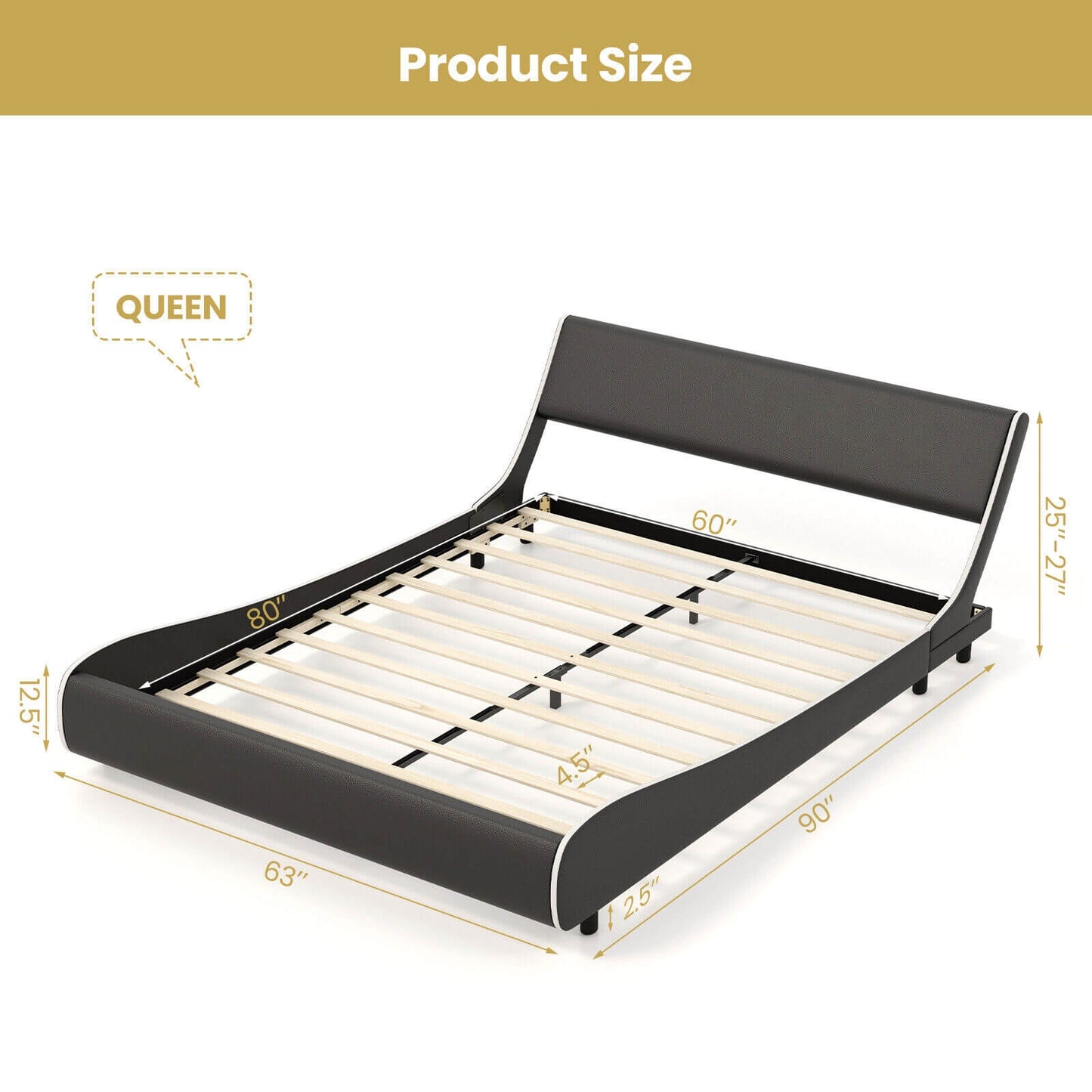 Low Profile Upholstered Faux Leather Platform Bed with Curved Headboard – Queen Size