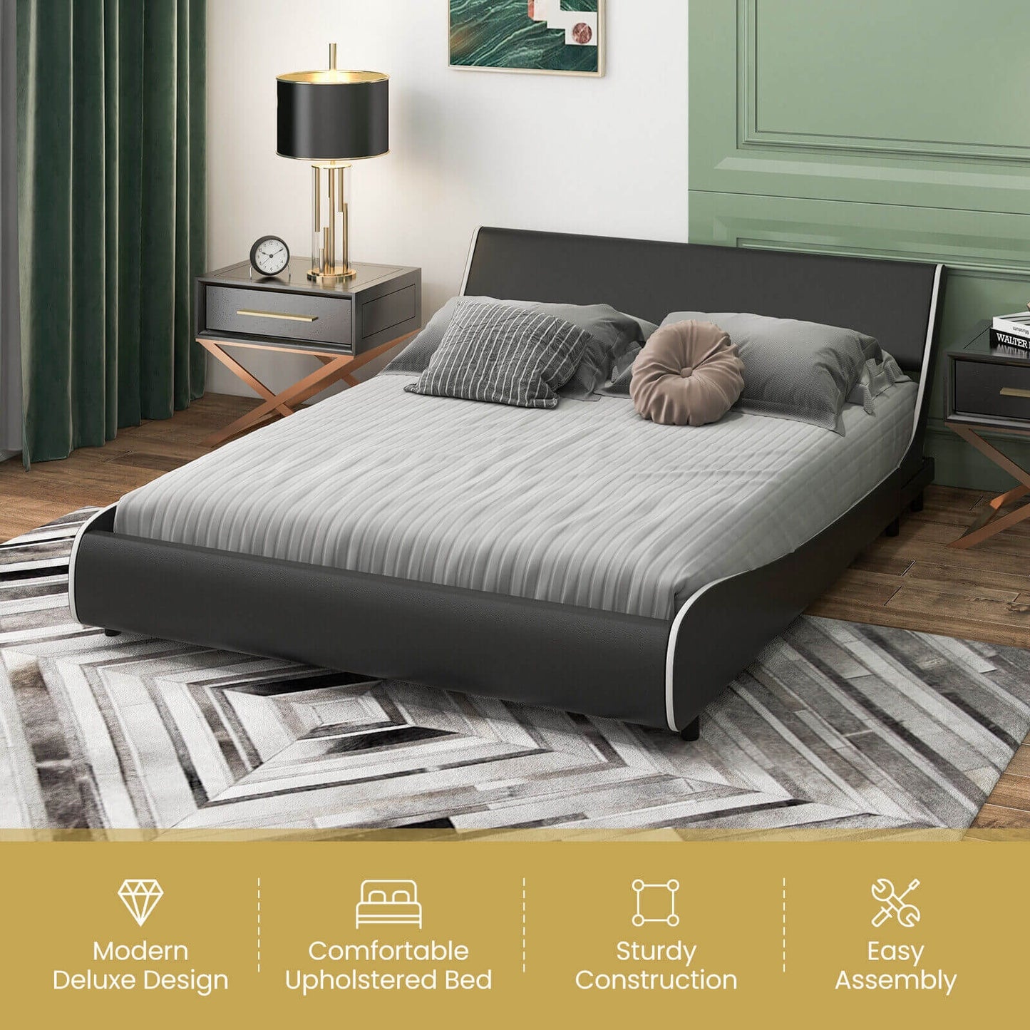 Low Profile Upholstered Faux Leather Platform Bed with Curved Headboard – Queen Size
