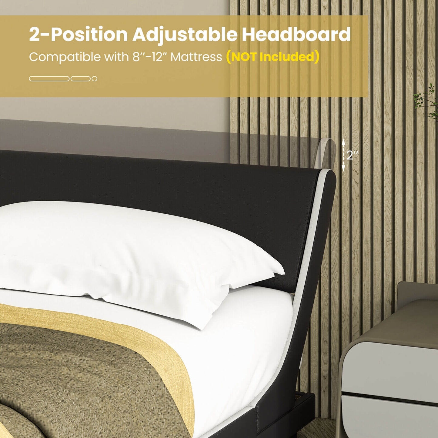 Low Profile Upholstered Faux Leather Platform Bed with Curved Headboard – Queen Size