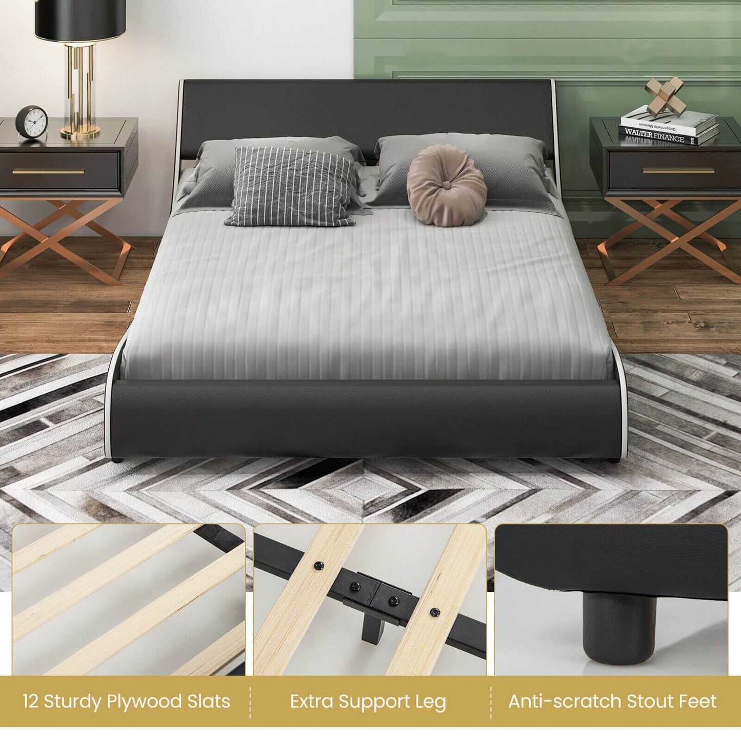 Low Profile Upholstered Faux Leather Platform Bed with Curved Headboard – Queen Size