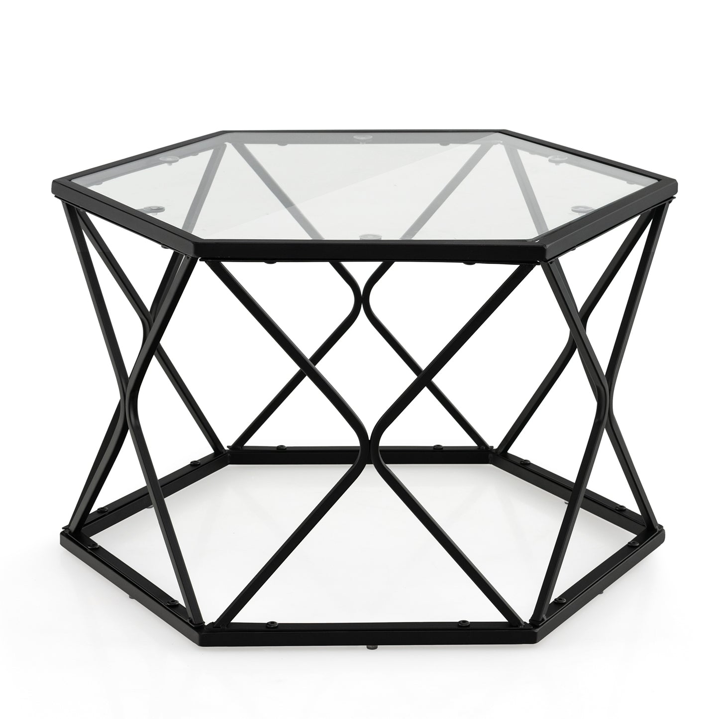 Hexagonal Glass Coffee Table with Black Metal Frame and Lower Storage Shelf
