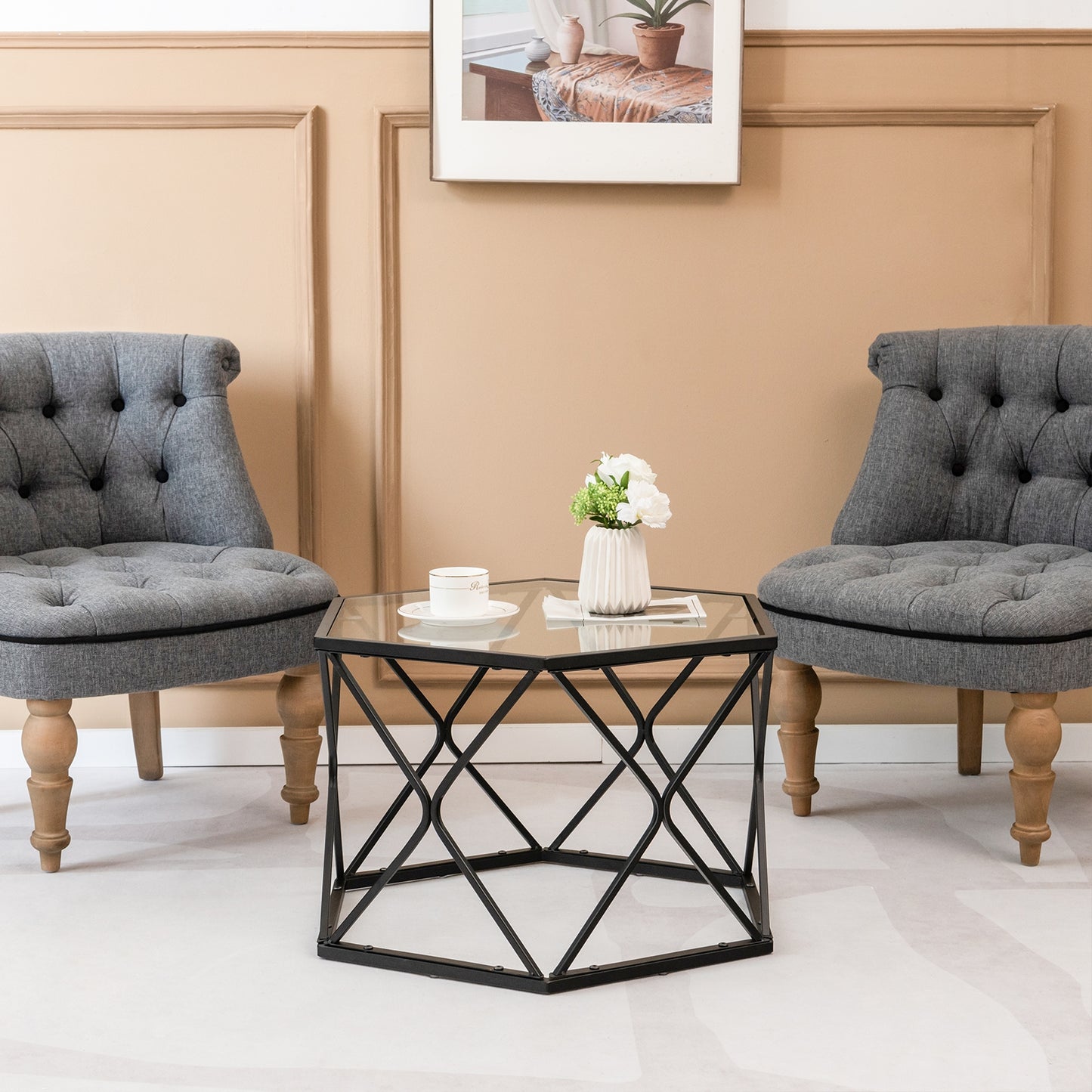 Hexagonal Glass Coffee Table with Black Metal Frame and Lower Storage Shelf