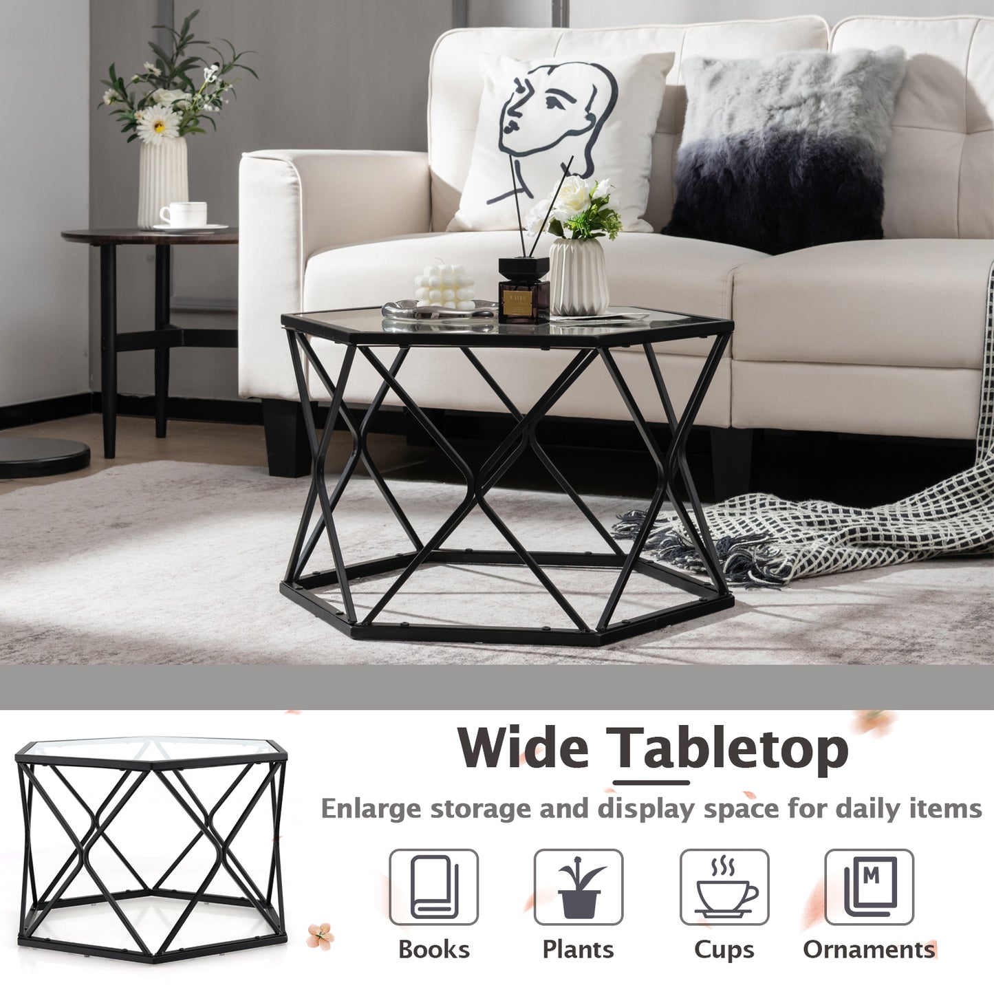 Hexagonal Glass Coffee Table with Black Metal Frame and Lower Storage Shelf