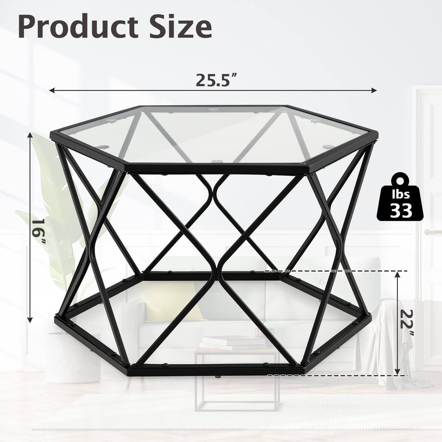 Hexagonal Glass Coffee Table with Black Metal Frame and Lower Storage Shelf