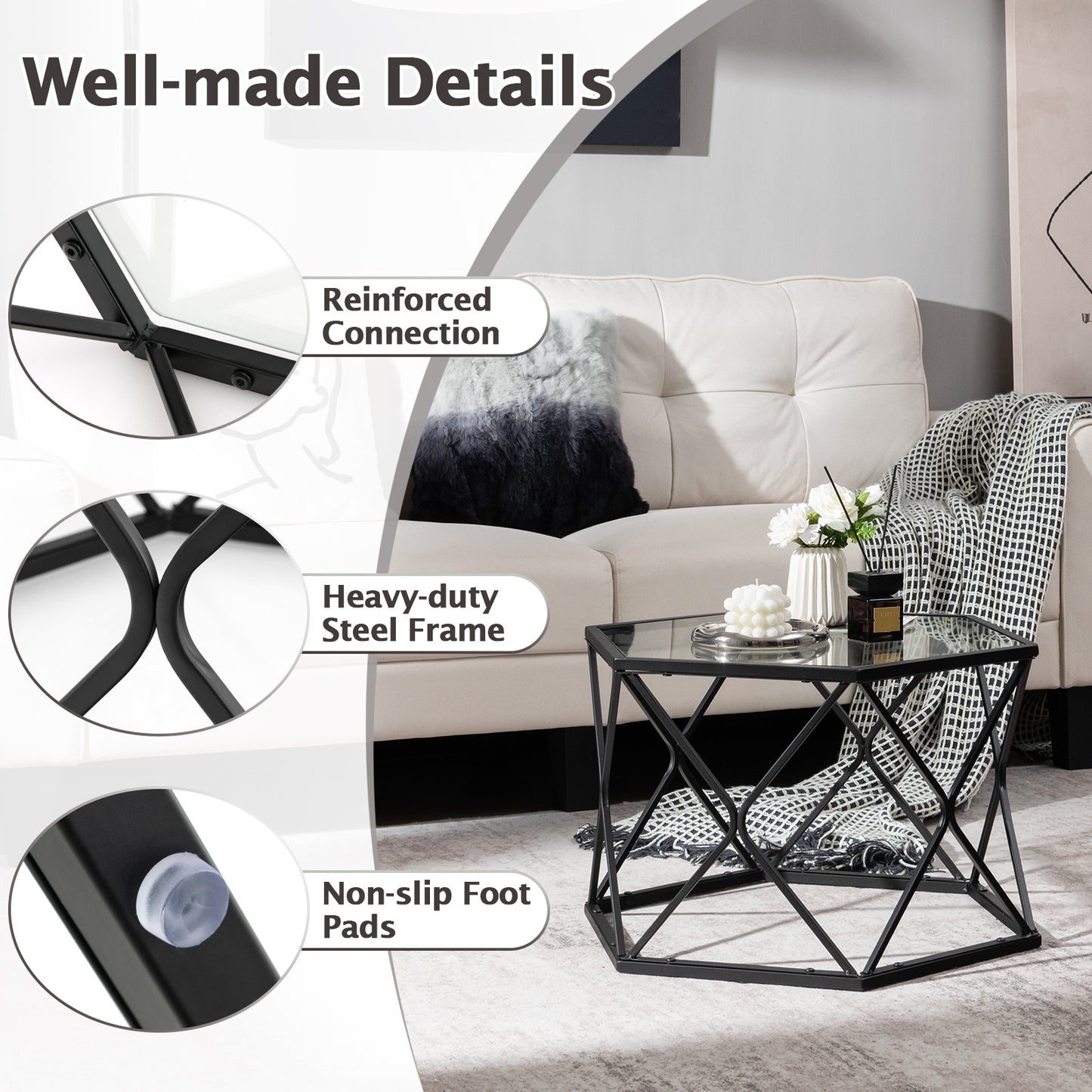 Hexagonal Glass Coffee Table with Black Metal Frame and Lower Storage Shelf