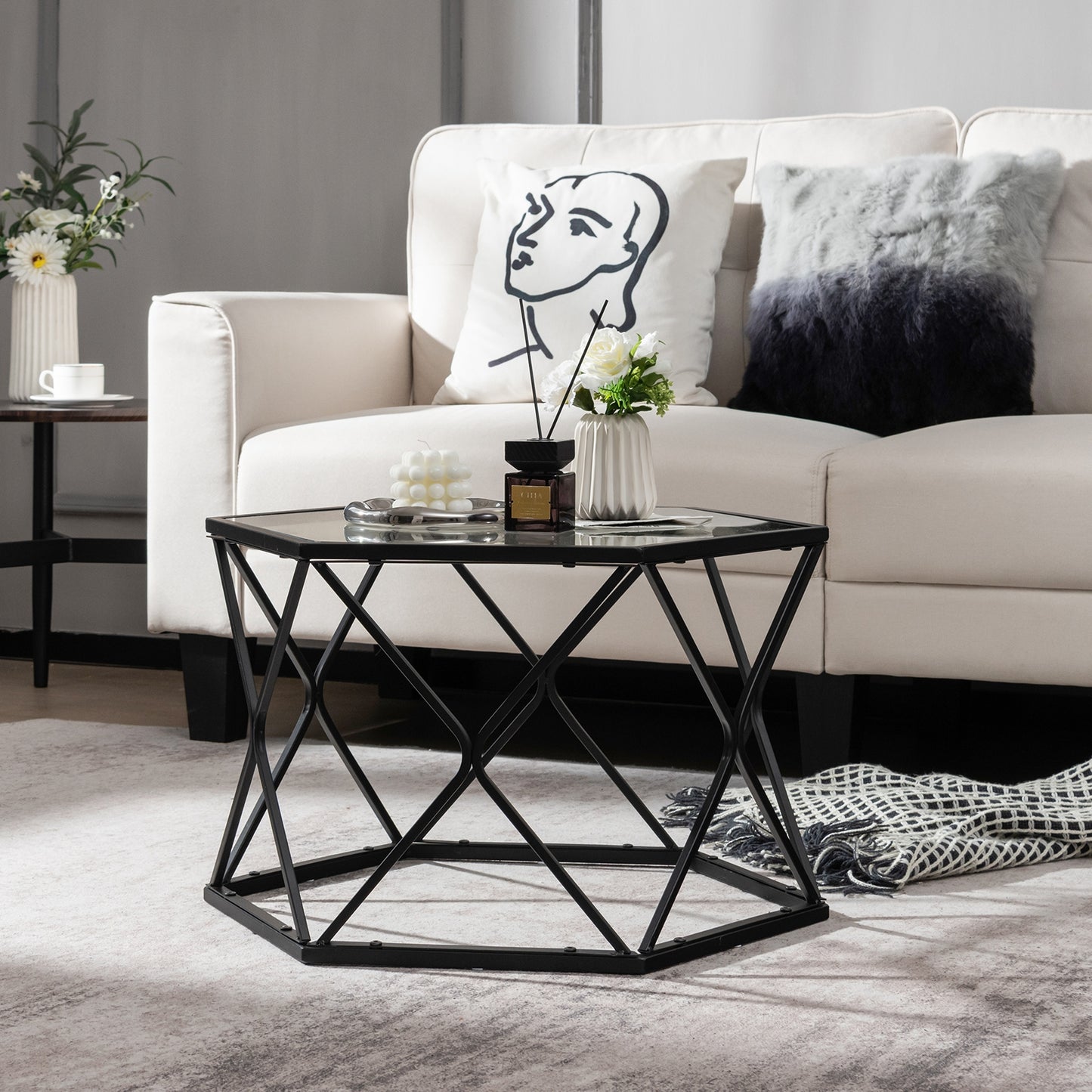 Hexagonal Glass Coffee Table with Black Metal Frame and Lower Storage Shelf