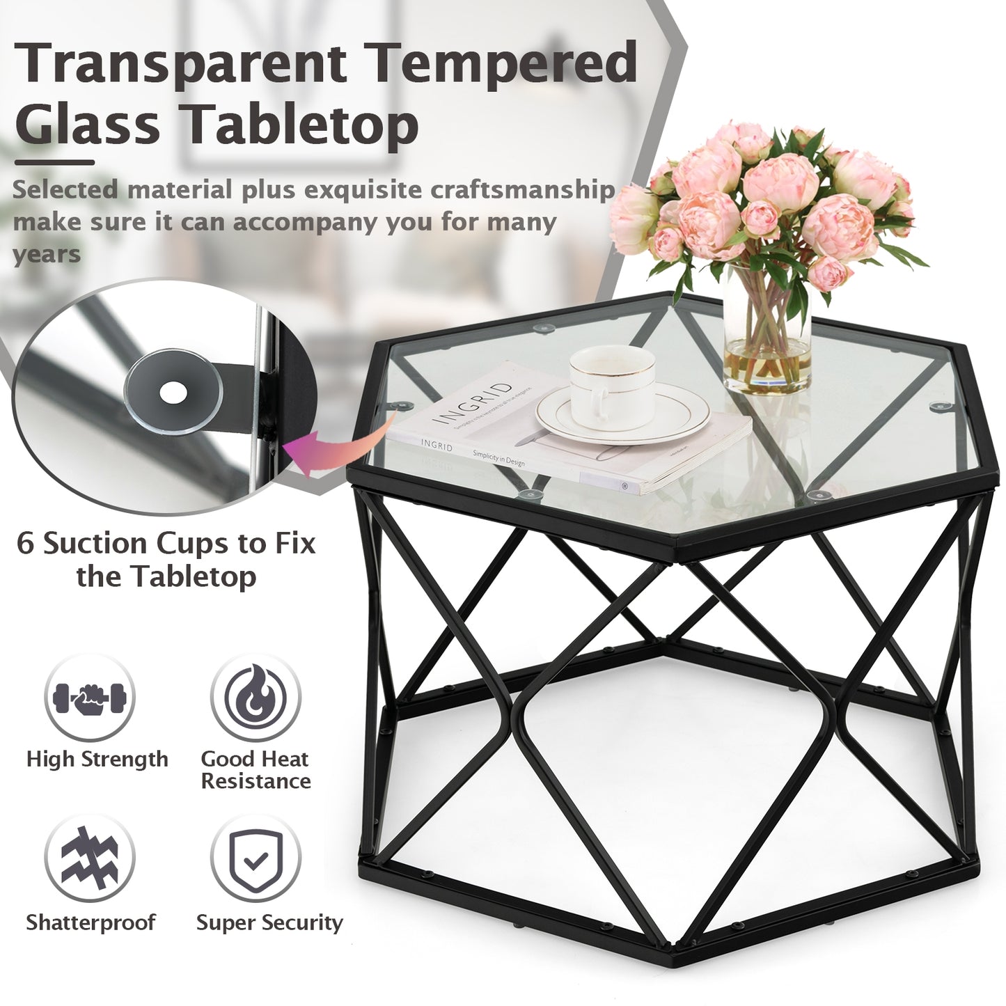 Hexagonal Glass Coffee Table with Black Metal Frame and Lower Storage Shelf