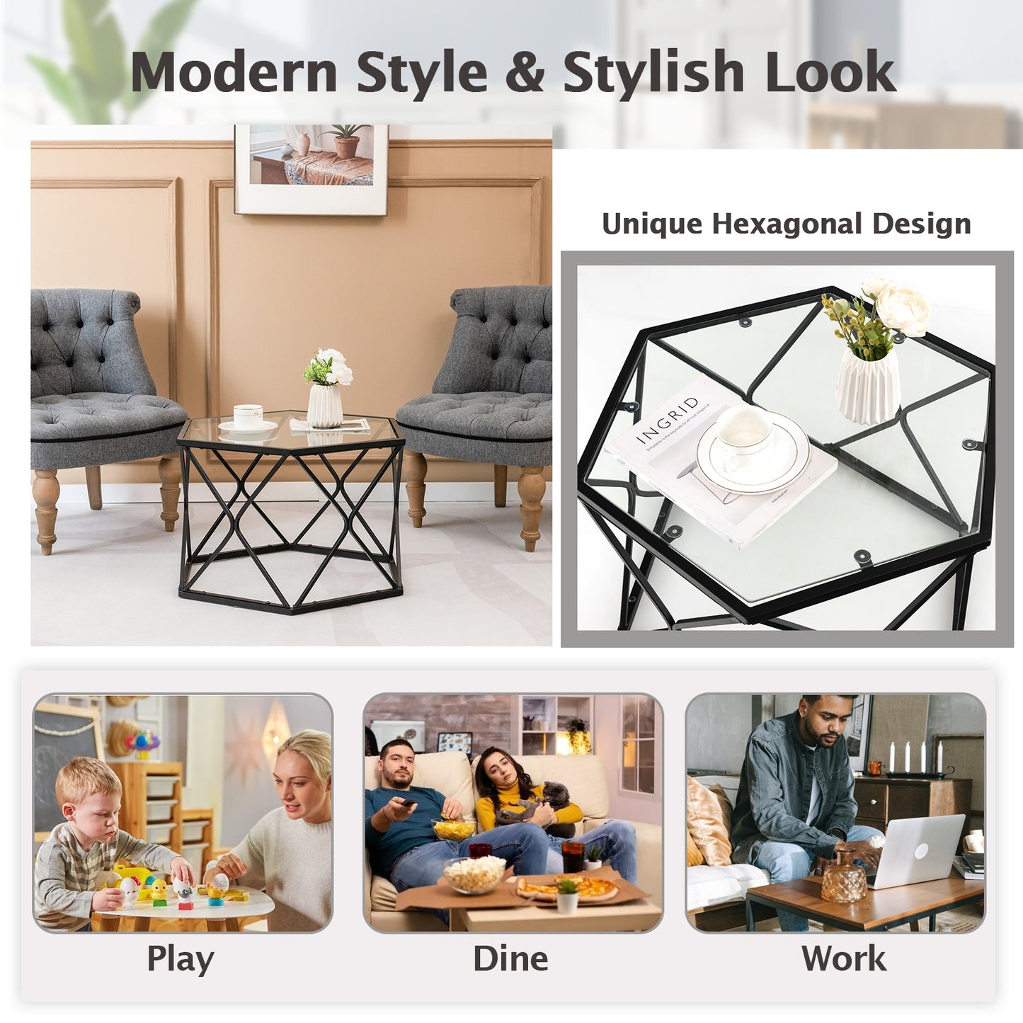 Hexagonal Glass Coffee Table with Black Metal Frame and Lower Storage Shelf