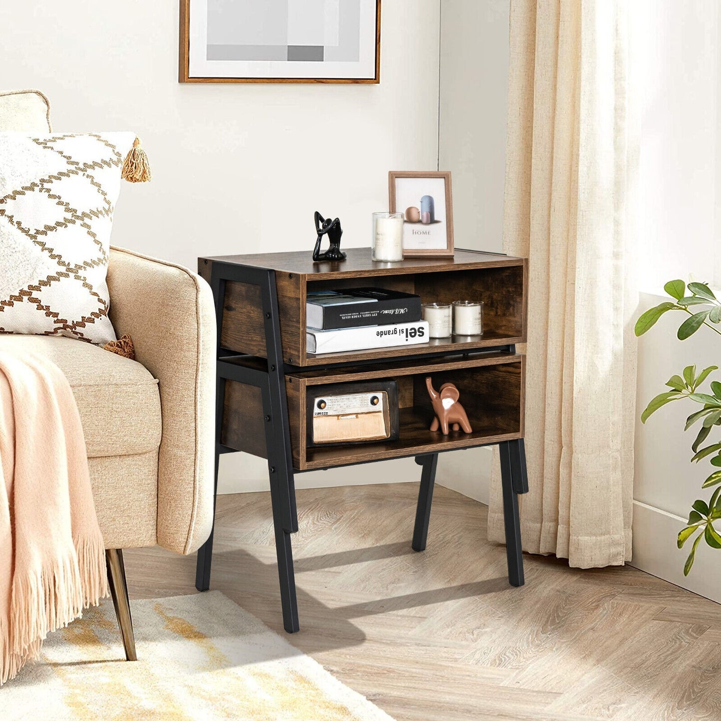 Stackable Wooden Nightstands with Open Storage and Steel Frame