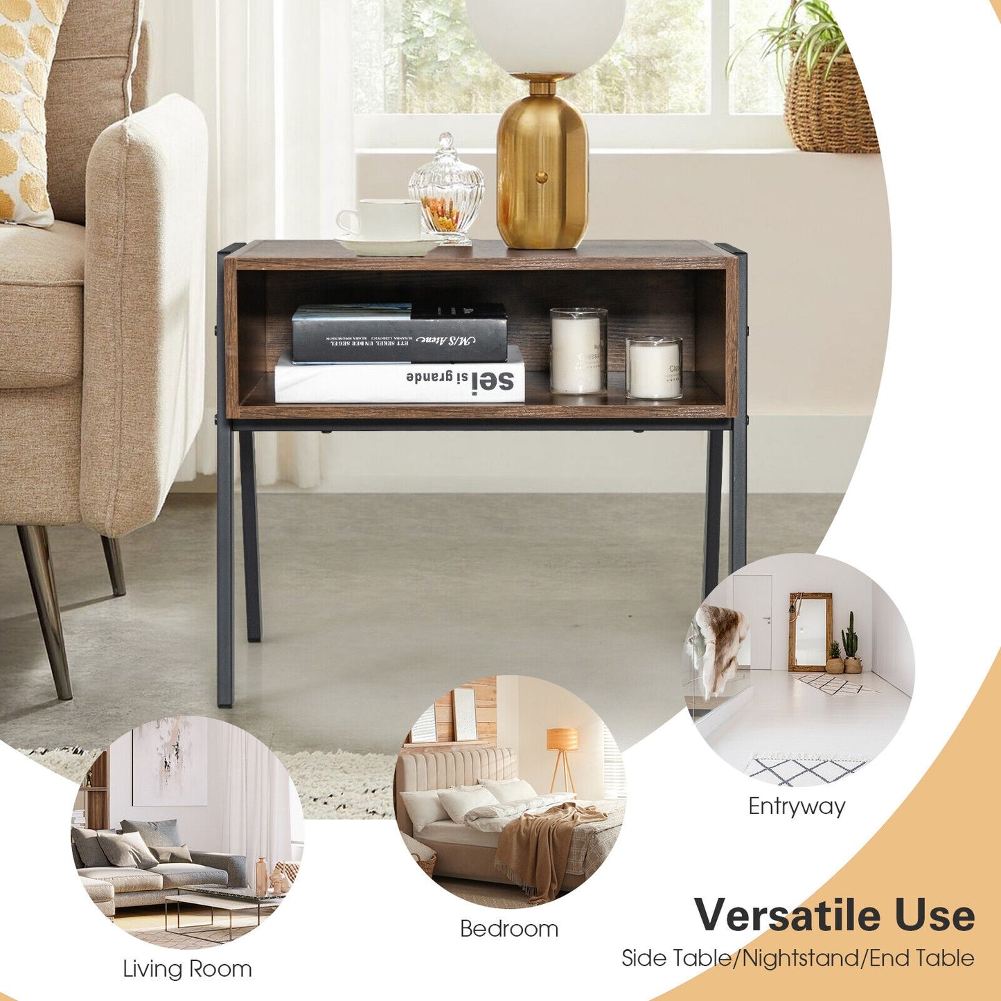 Stackable Wooden Nightstands with Open Storage and Steel Frame
