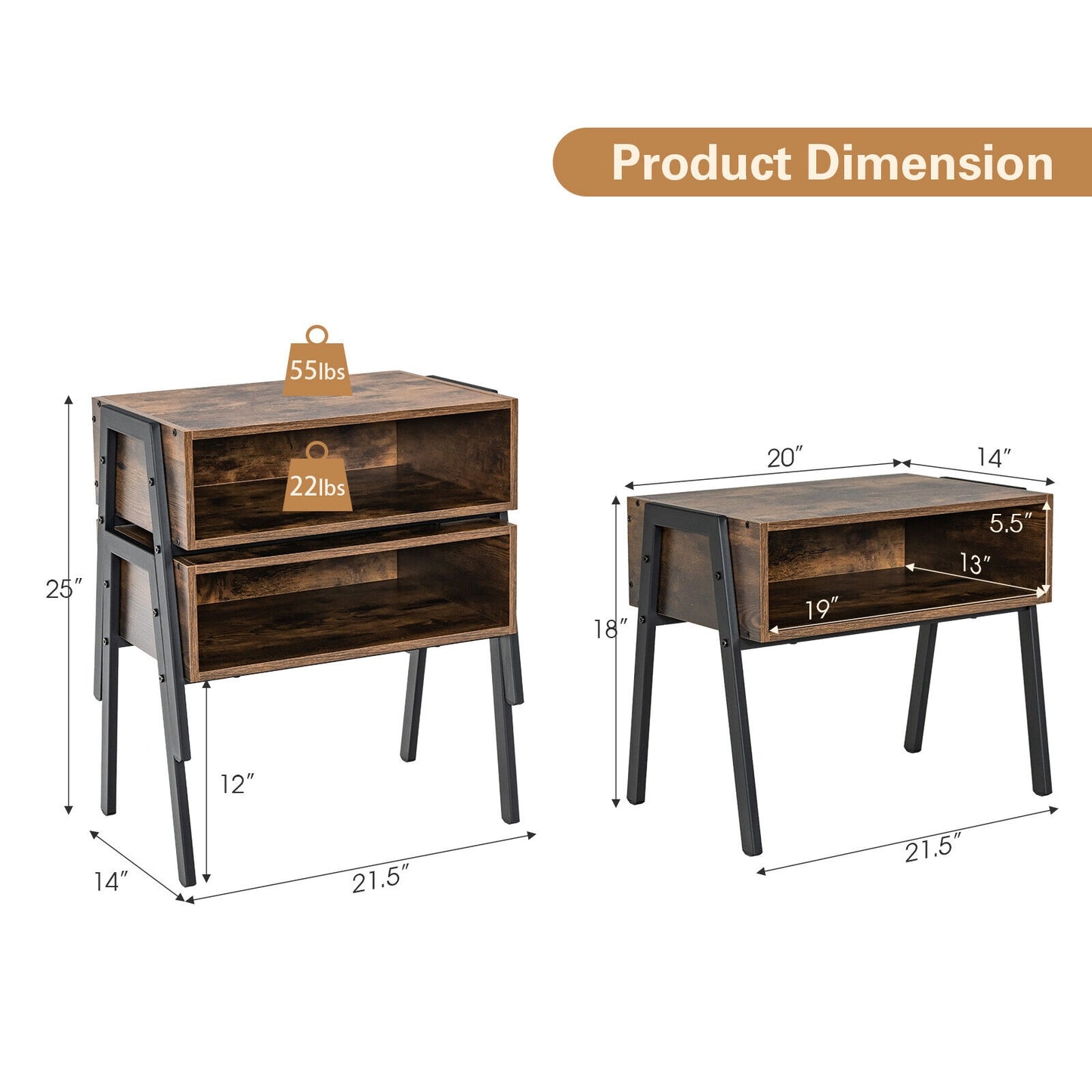 Stackable Wooden Nightstands with Open Storage and Steel Frame