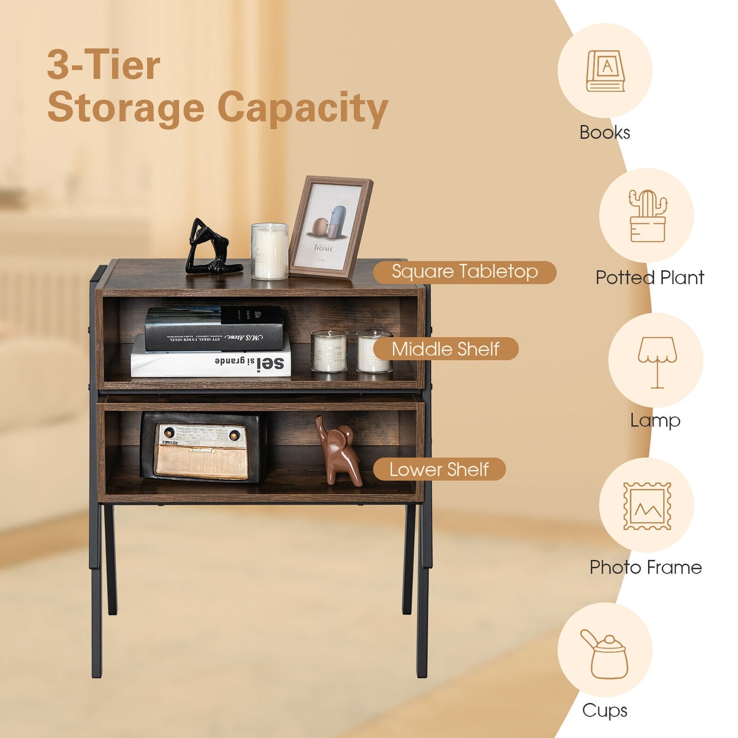 Stackable Wooden Nightstands with Open Storage and Steel Frame