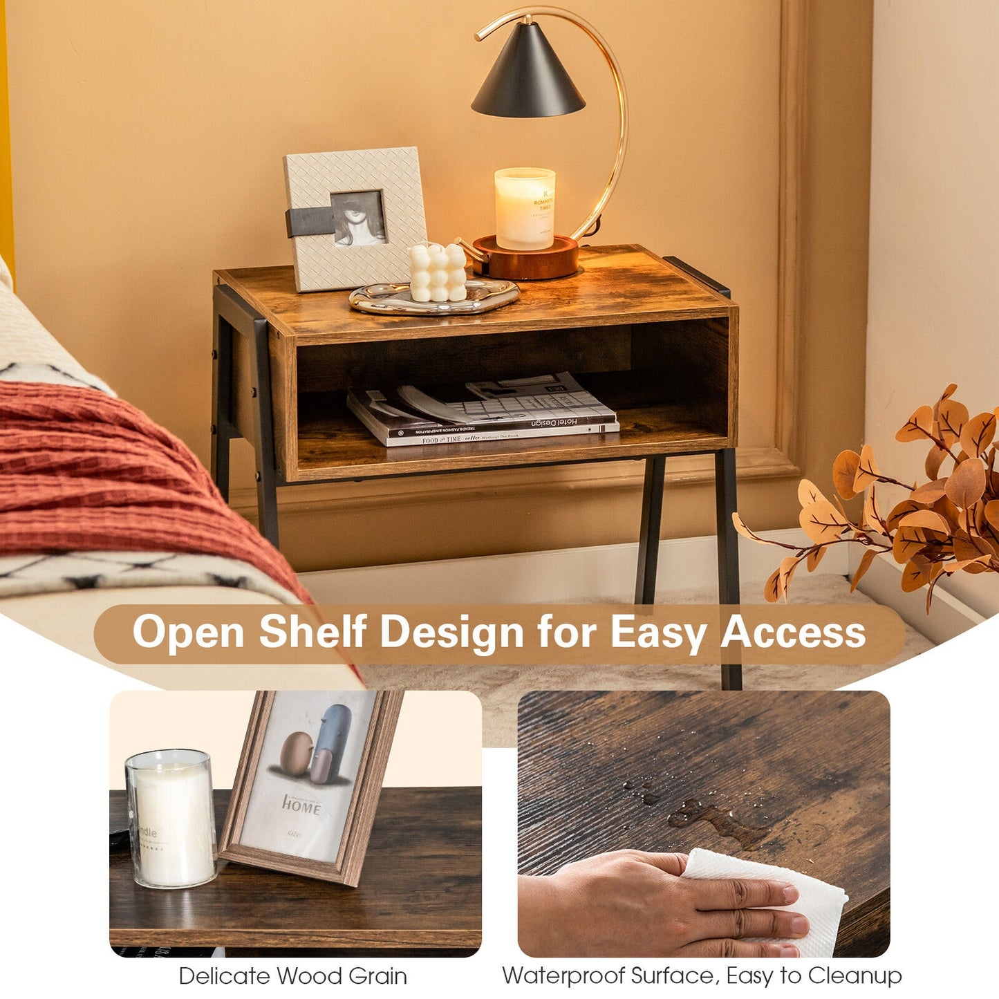 Stackable Wooden Nightstands with Open Storage and Steel Frame