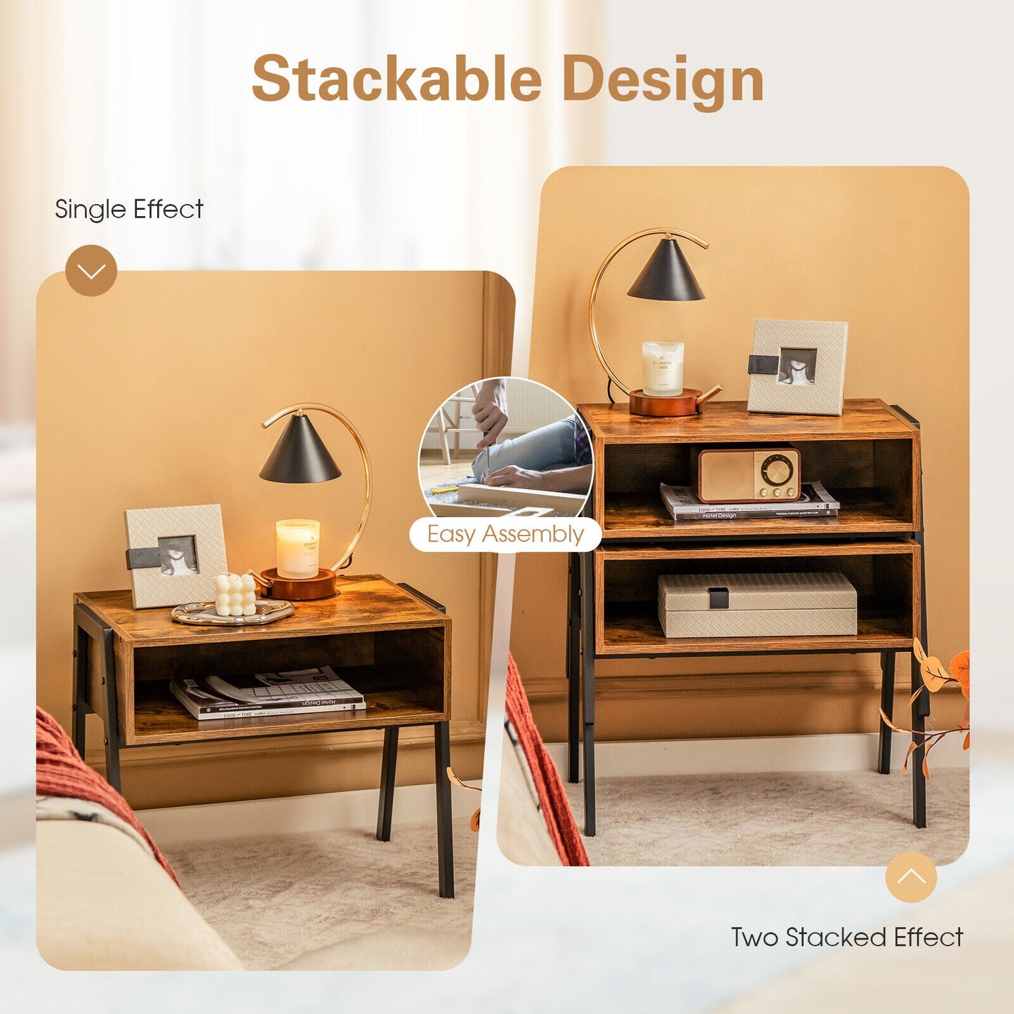 Stackable Wooden Nightstands with Open Storage and Steel Frame
