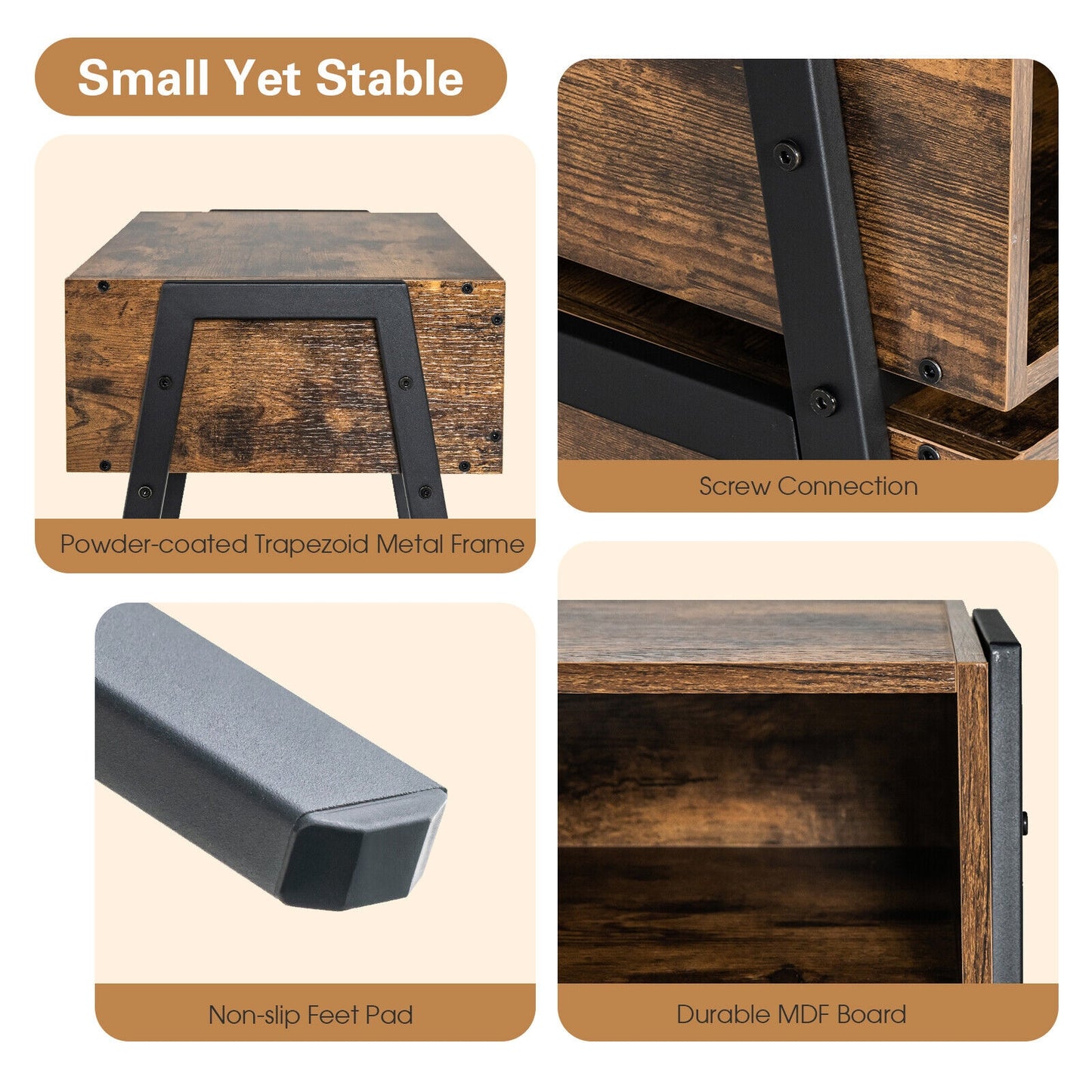 Stackable Wooden Nightstands with Open Storage and Steel Frame