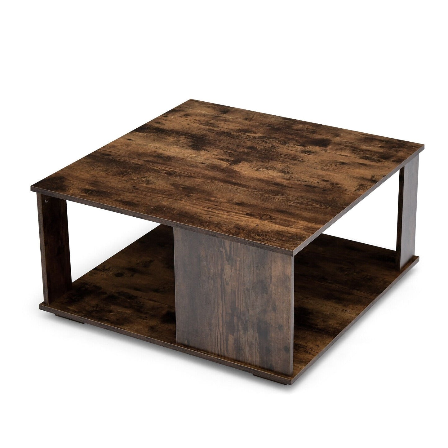 Square 2 Tier Coffee Table with Storage Shelf and Rustic Wood Finish