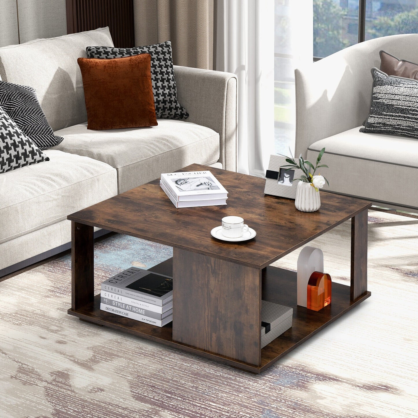Square 2 Tier Coffee Table with Storage Shelf and Rustic Wood Finish