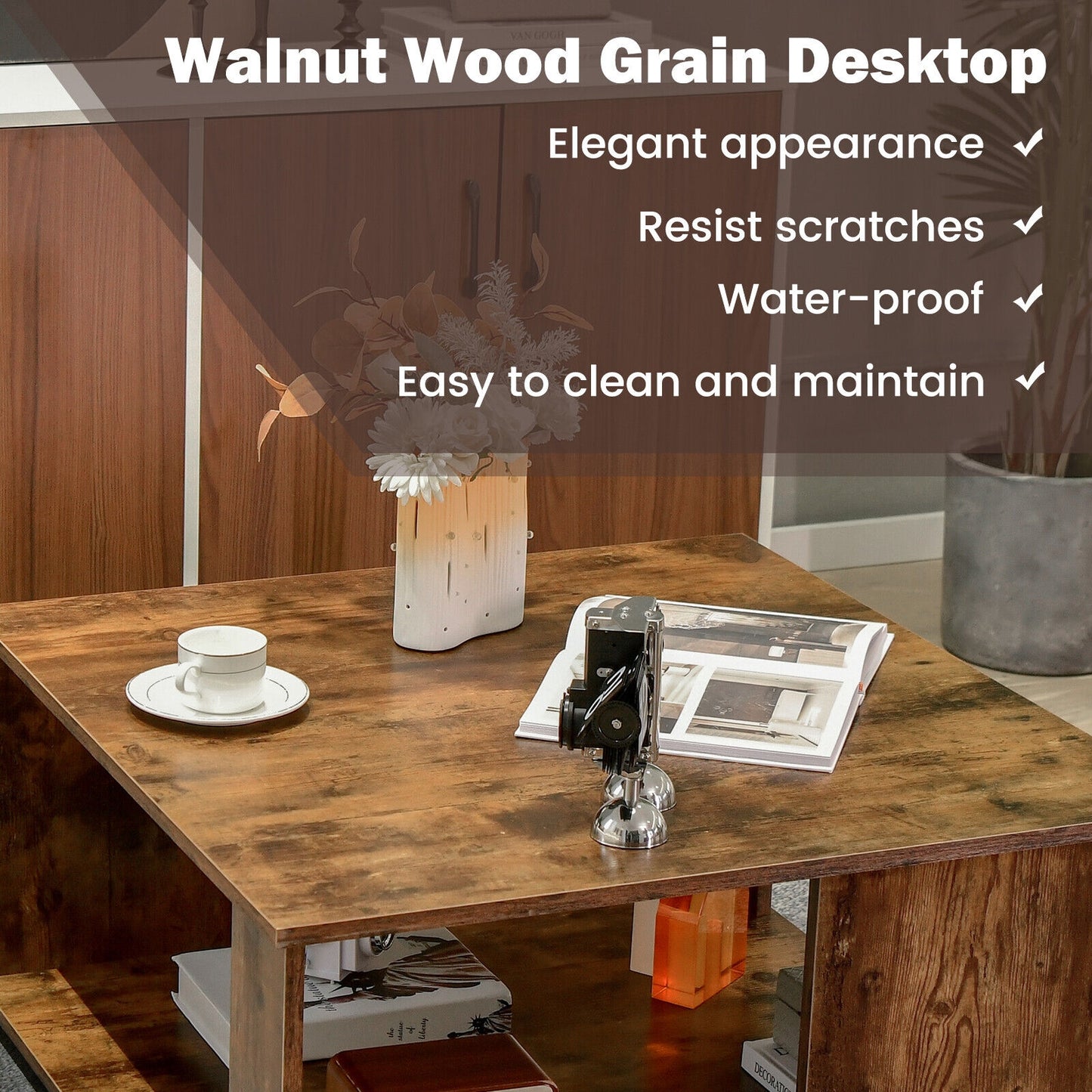 Square 2 Tier Coffee Table with Storage Shelf and Rustic Wood Finish