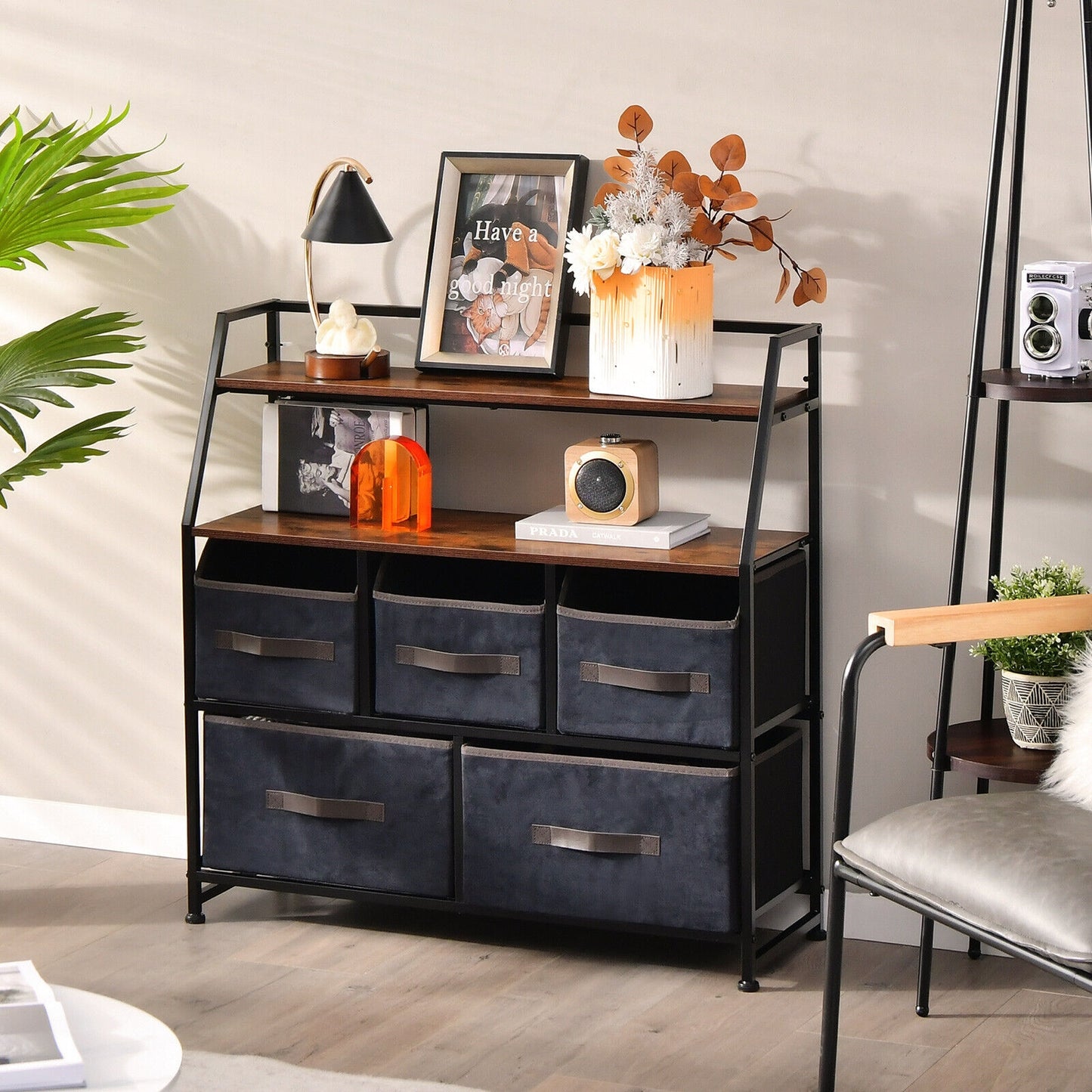 5 Drawer Fabric Dresser with Open Shelves, Rustic Storage Tower for Bedroom or Living Room – Black & Brown