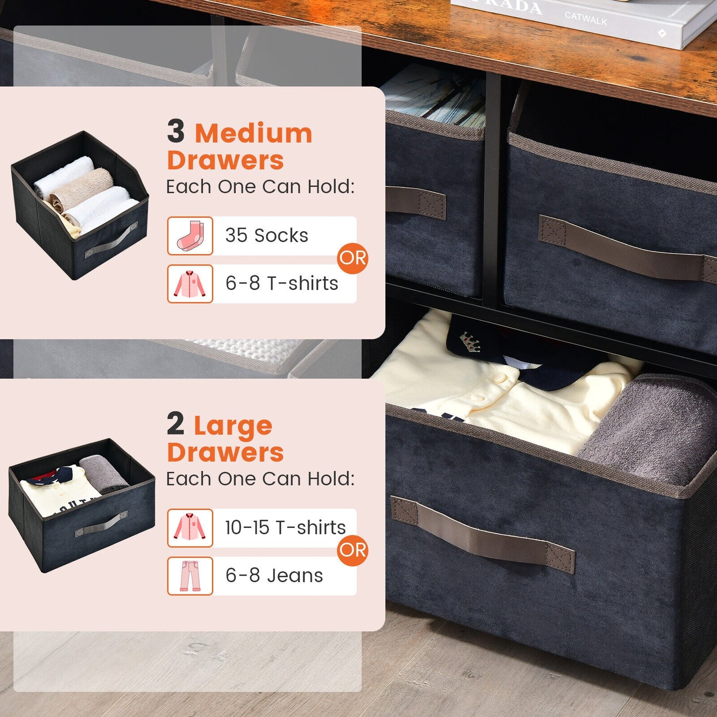 5 Drawer Fabric Dresser with Open Shelves, Rustic Storage Tower for Bedroom or Living Room – Black & Brown