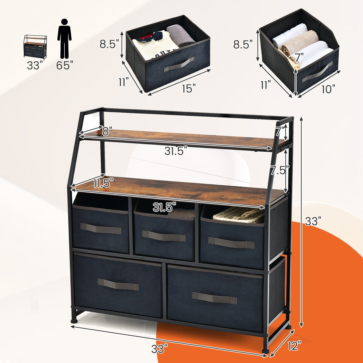 5 Drawer Fabric Dresser with Open Shelves, Rustic Storage Tower for Bedroom or Living Room – Black & Brown