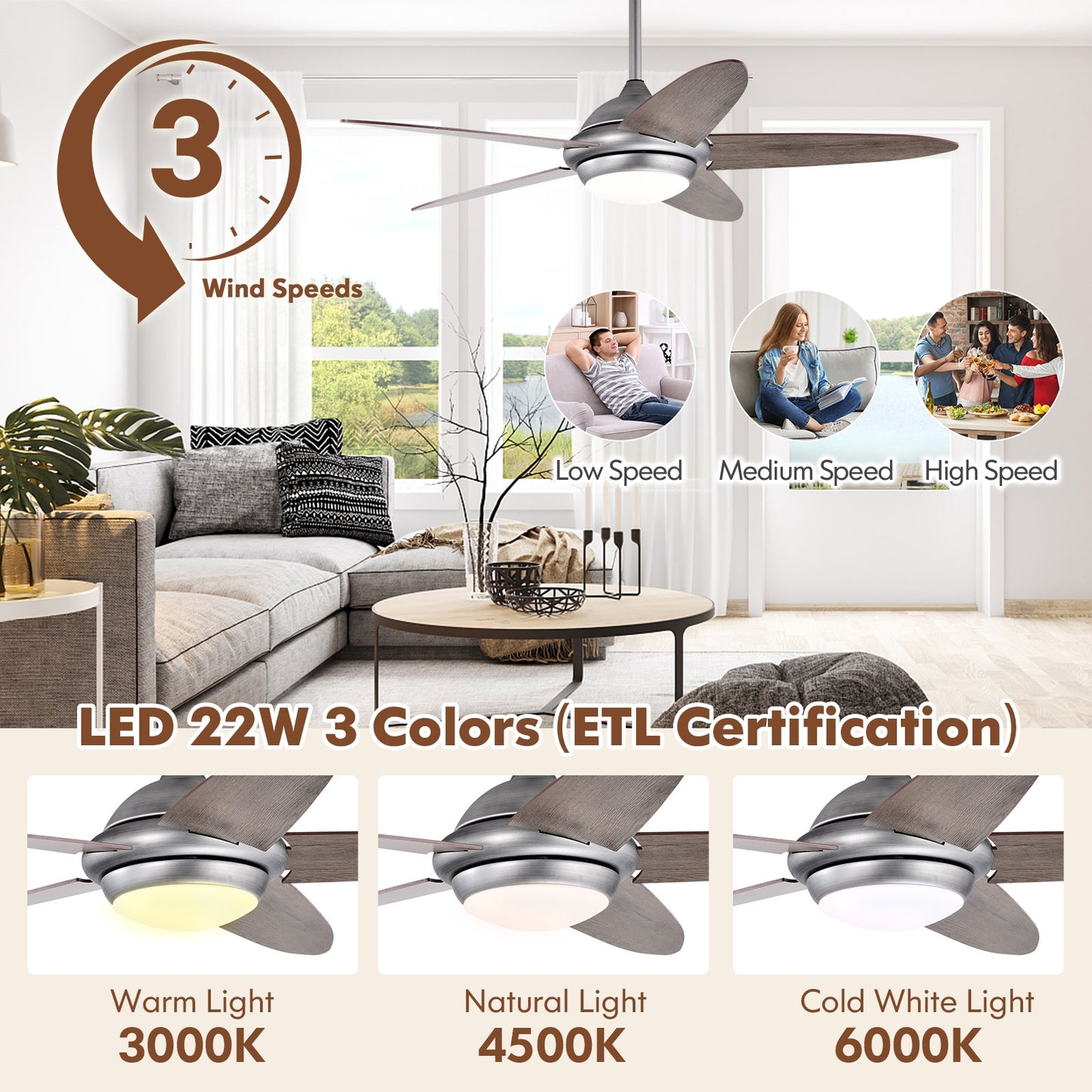 52 Inch Ceiling Fan with LED Light & 3 Adjustable Color Temperatures - Silver