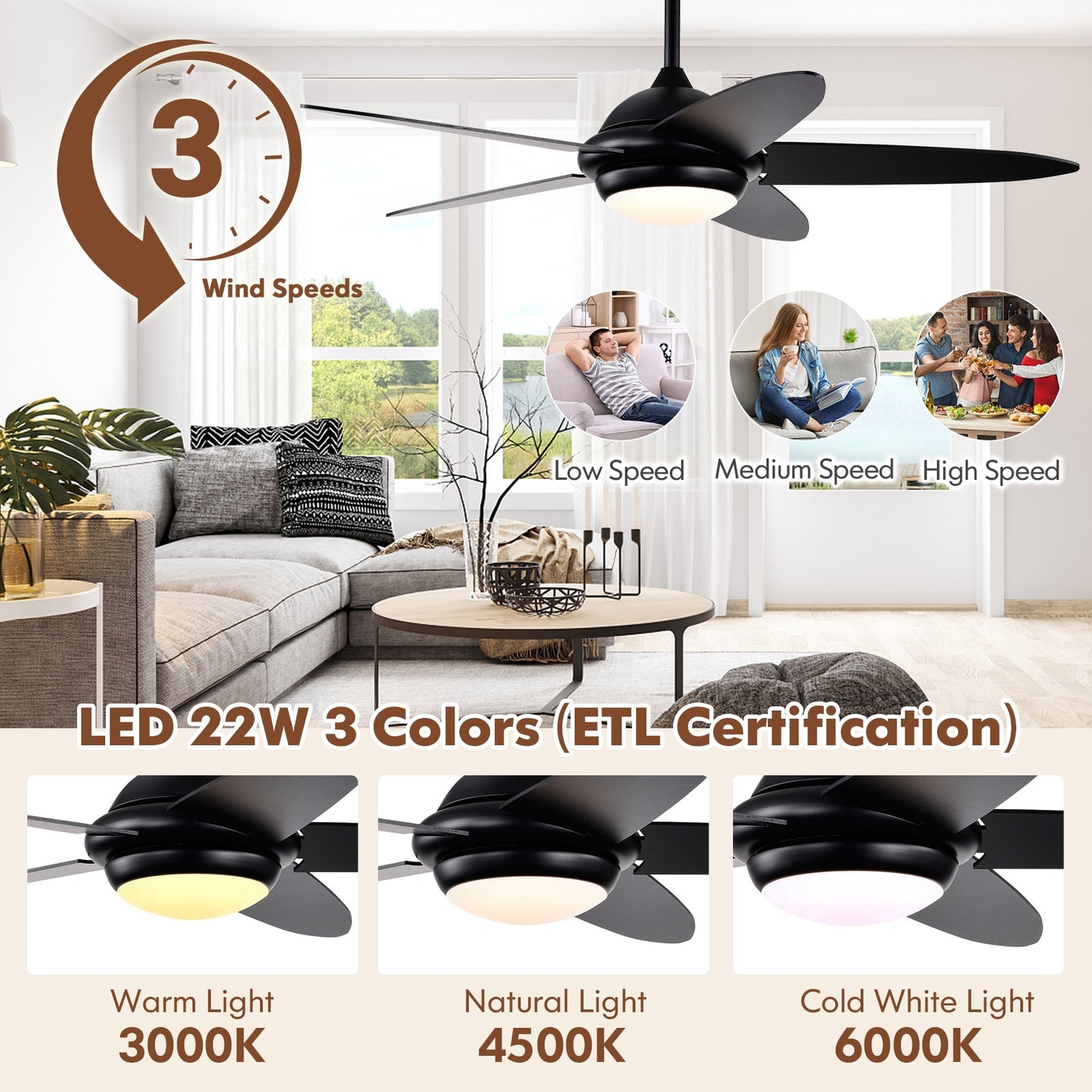 52 Inch Ceiling Fan with LED Light & 3 Adjustable Color Temperatures - Black