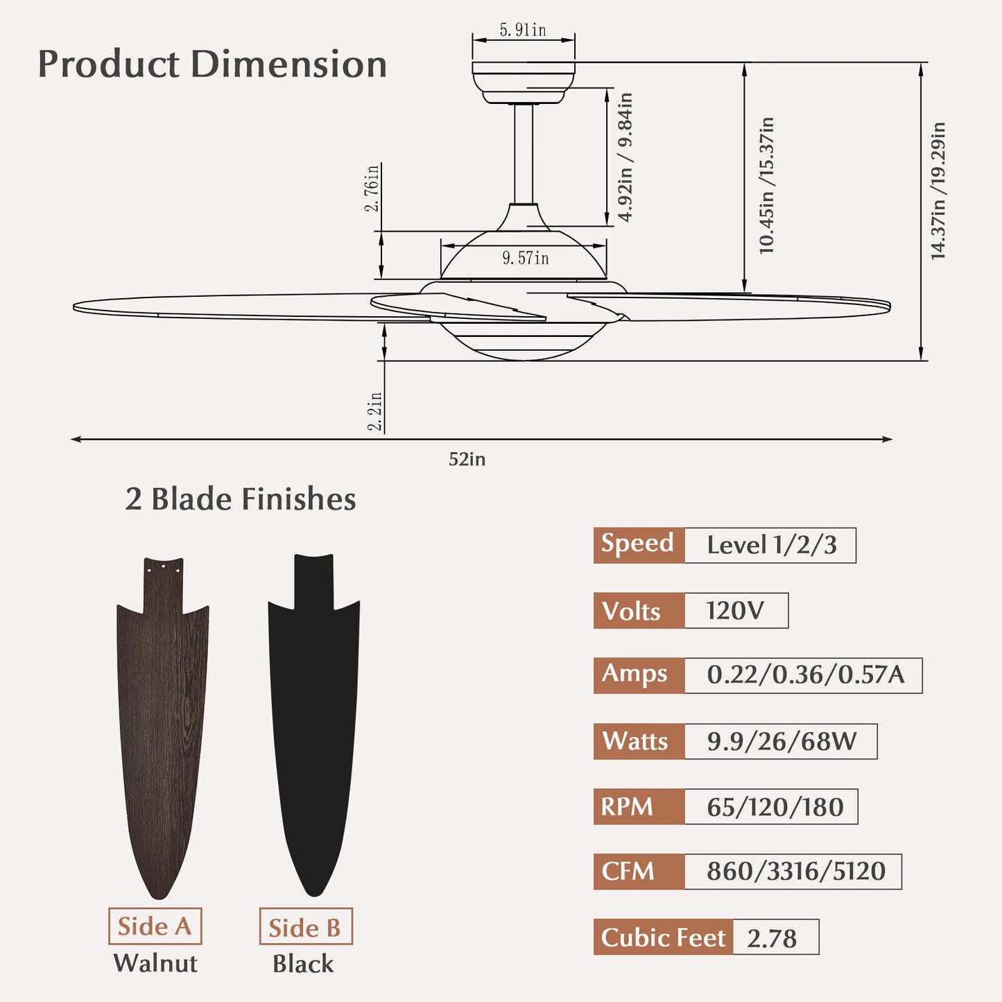 52 Inch Ceiling Fan with LED Light & 3 Adjustable Color Temperatures - Black