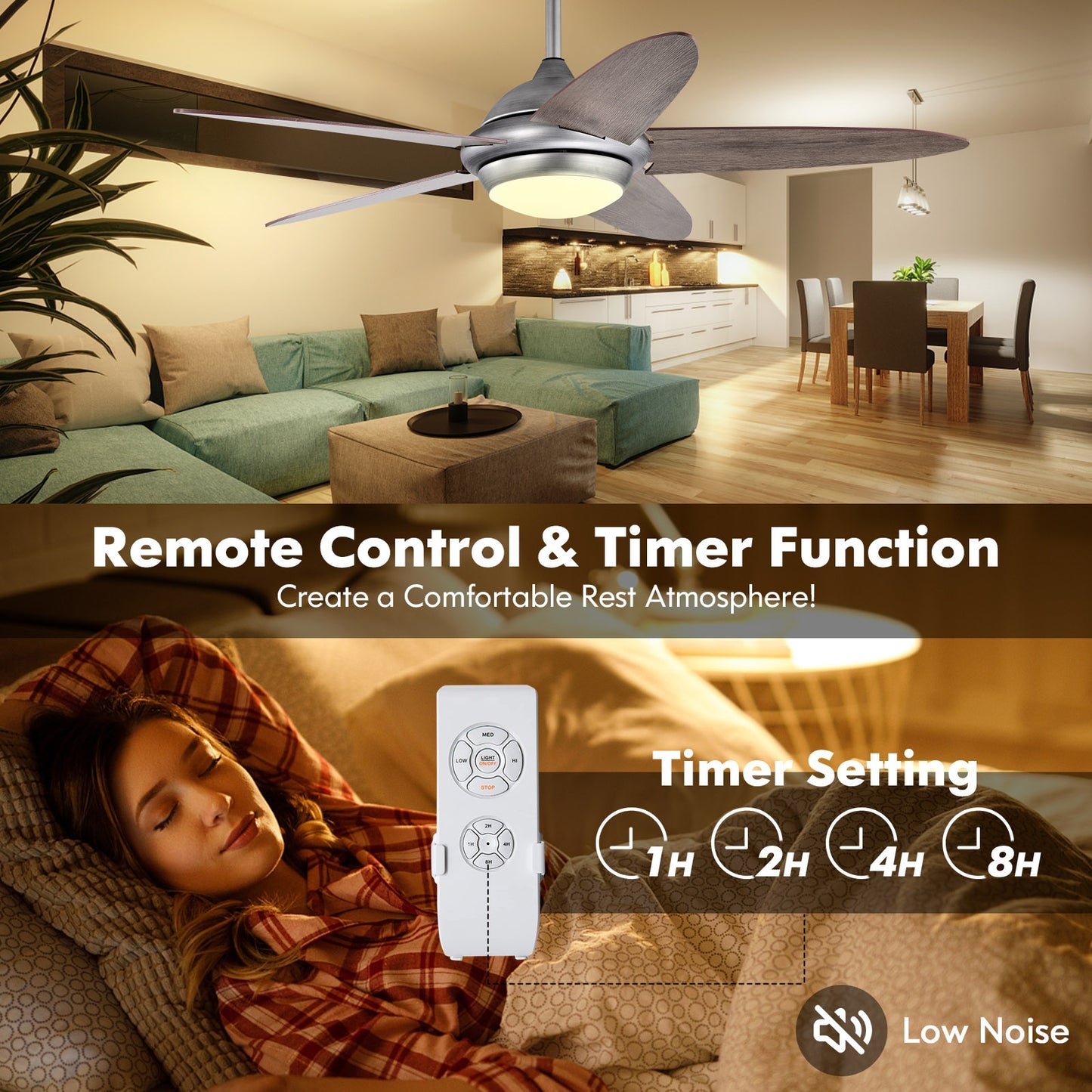 52 Inch Ceiling Fan with LED Light & 3 Adjustable Color Temperatures - Silver