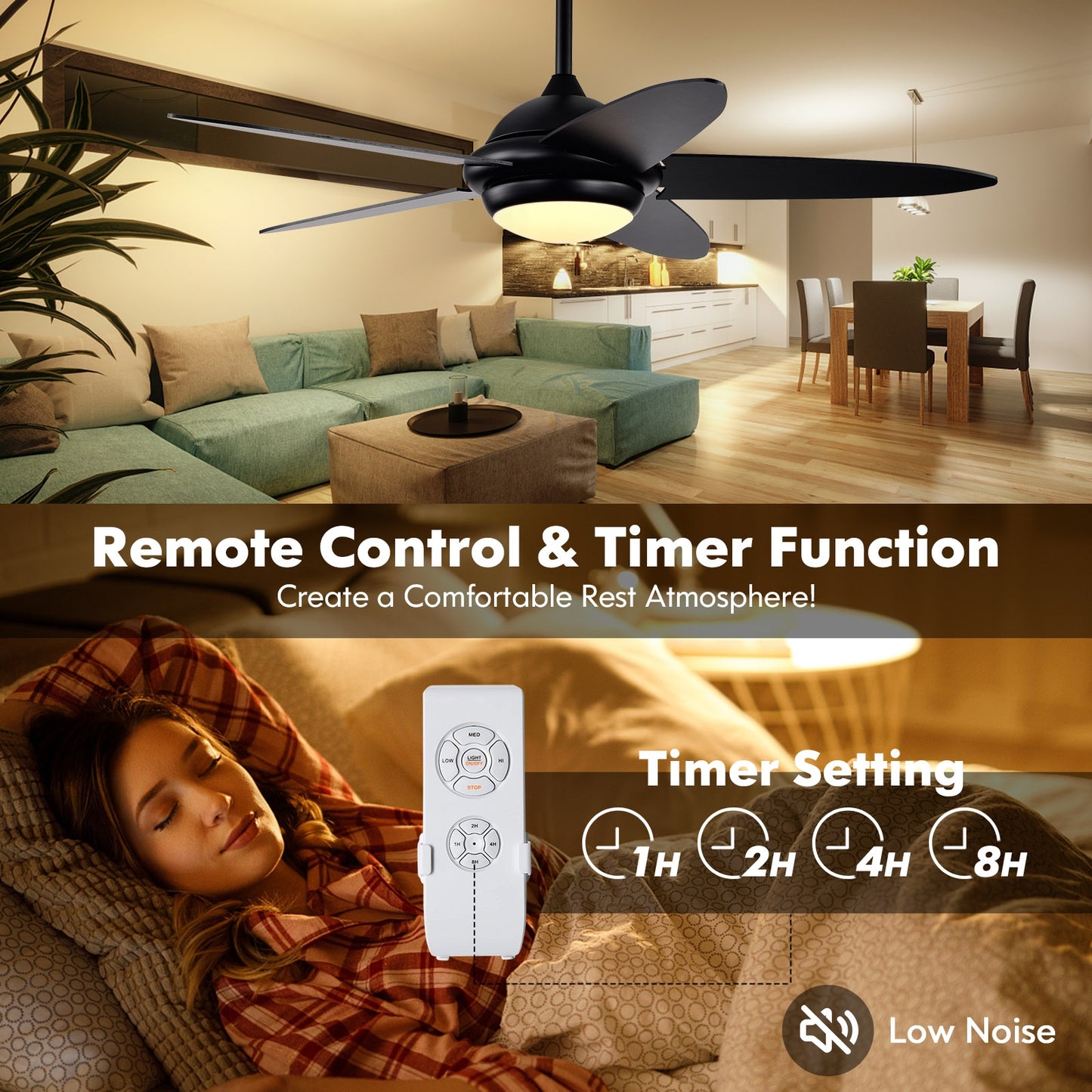 52 Inch Ceiling Fan with LED Light & 3 Adjustable Color Temperatures - Black