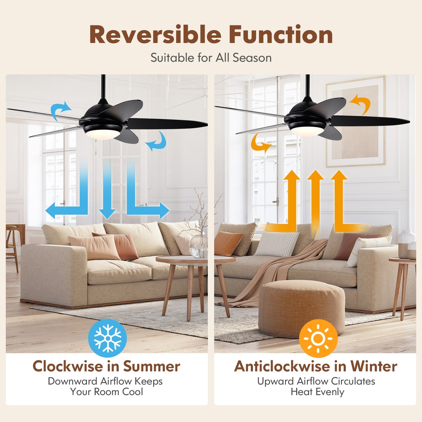 52 Inch Ceiling Fan with LED Light & 3 Adjustable Color Temperatures - Black
