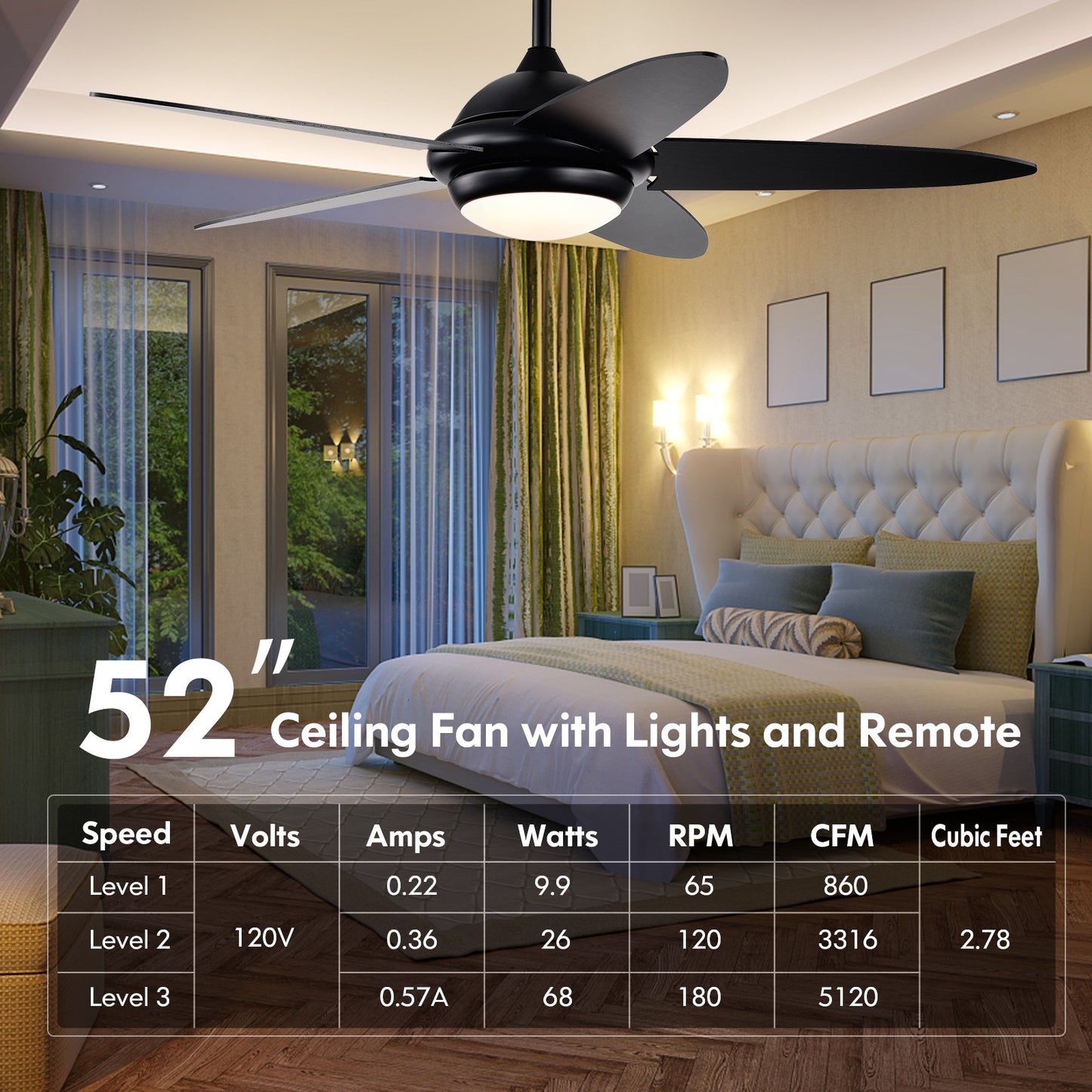 52 Inch Ceiling Fan with LED Light & 3 Adjustable Color Temperatures - Black