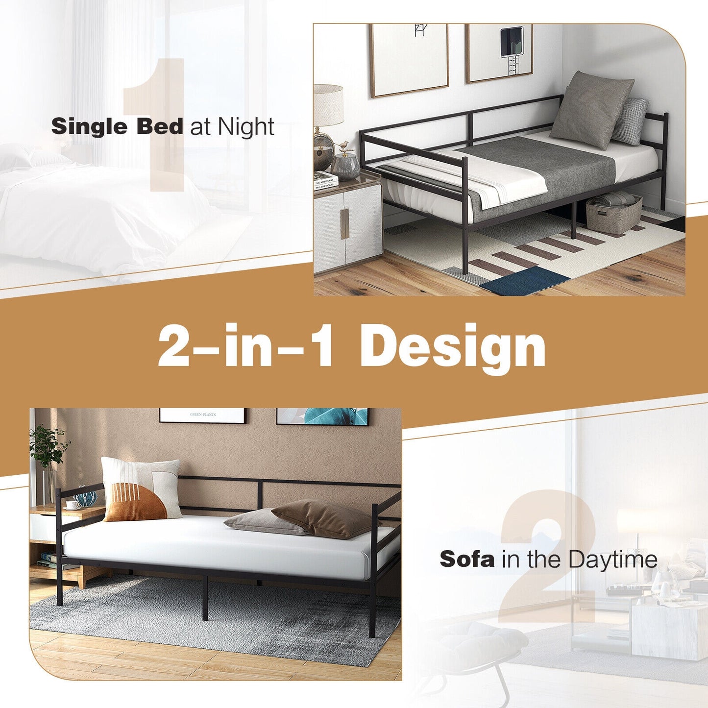 Modern Twin Metal Daybed Frame with Guardrails – Sofa Bed for Bedroom or Living Room