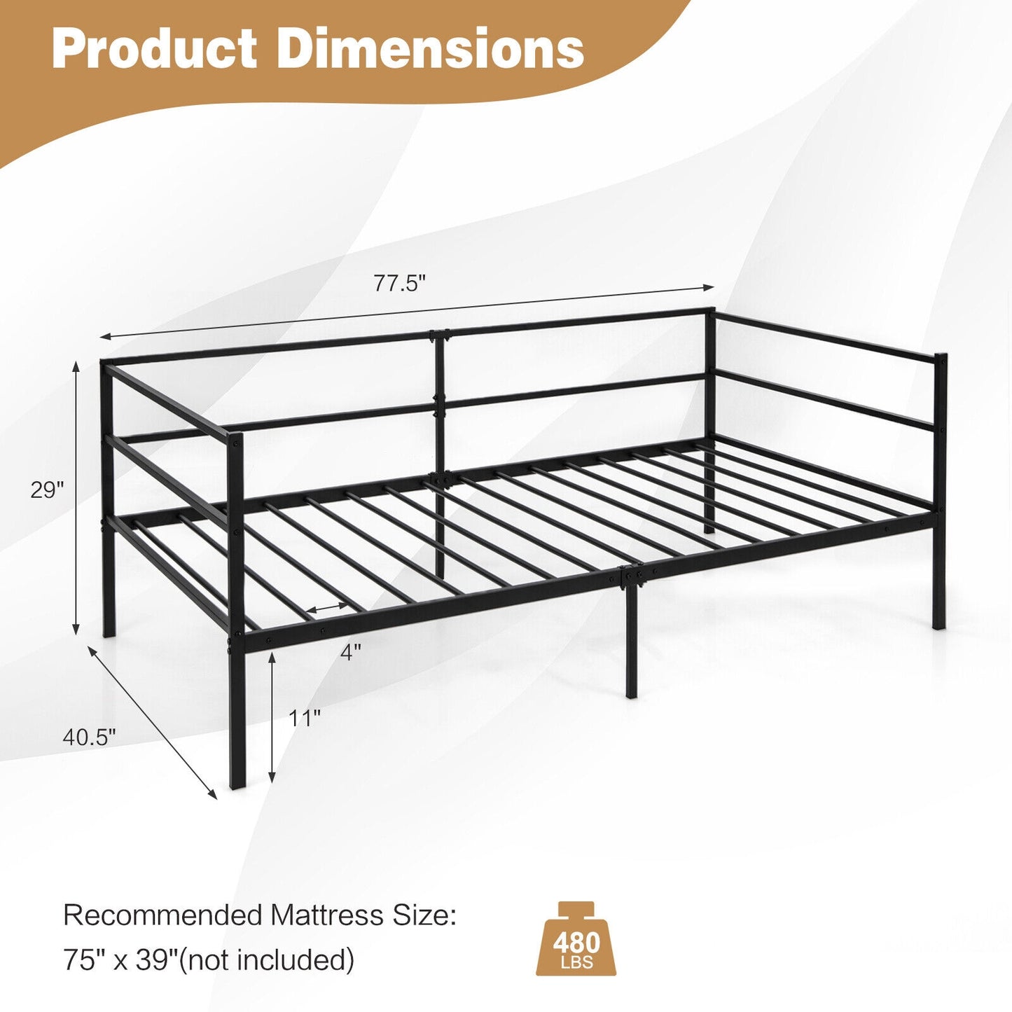 Modern Twin Metal Daybed Frame with Guardrails – Sofa Bed for Bedroom or Living Room