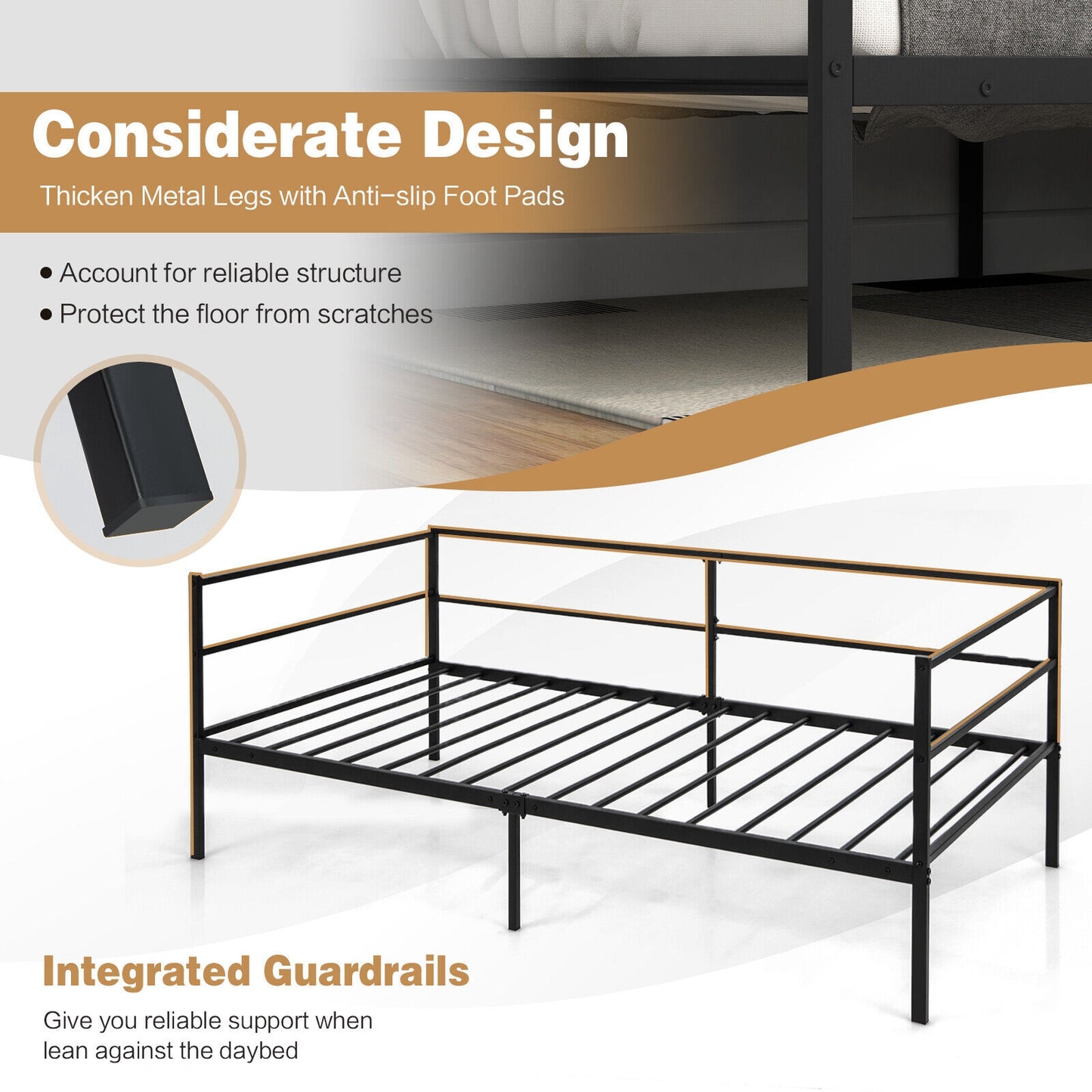 Modern Twin Metal Daybed Frame with Guardrails – Sofa Bed for Bedroom or Living Room