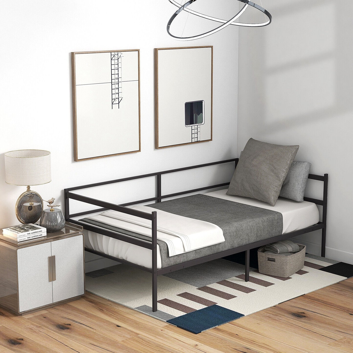 Modern Twin Metal Daybed Frame with Guardrails – Sofa Bed for Bedroom or Living Room
