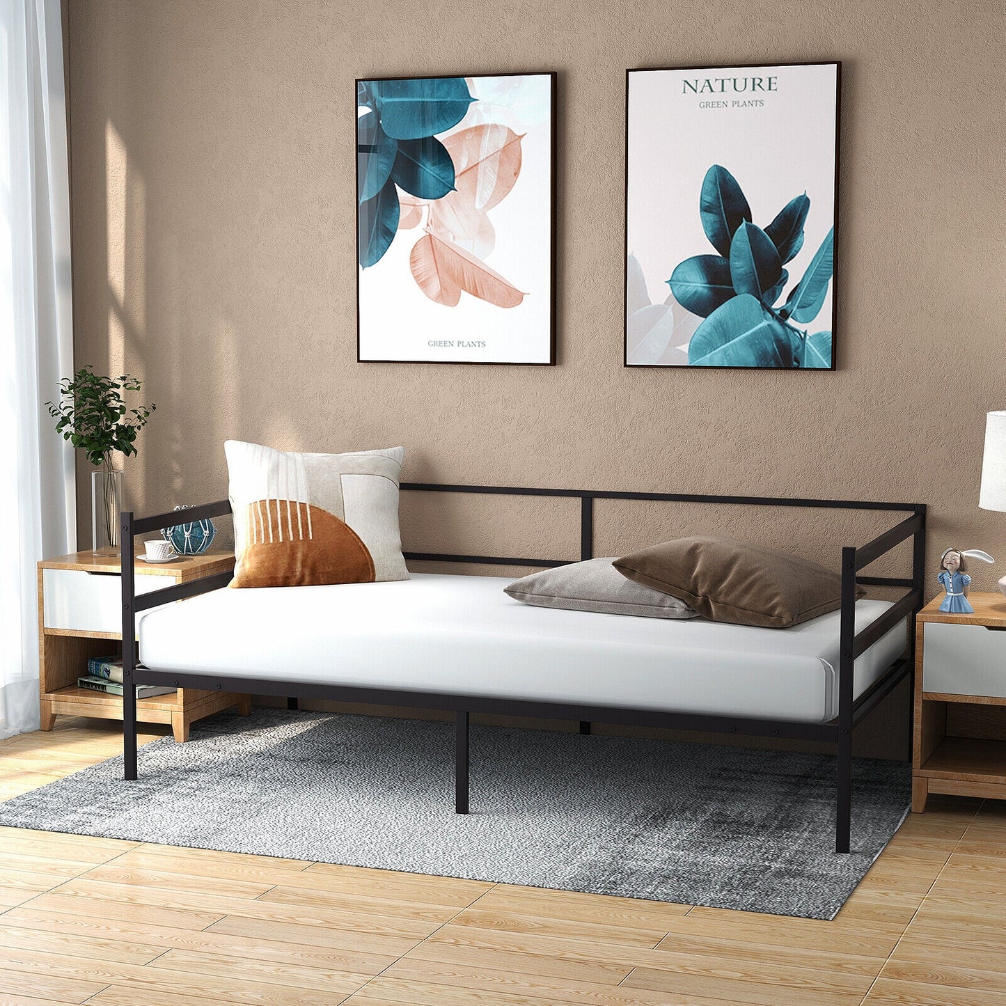 Modern Twin Metal Daybed Frame with Guardrails – Sofa Bed for Bedroom or Living Room