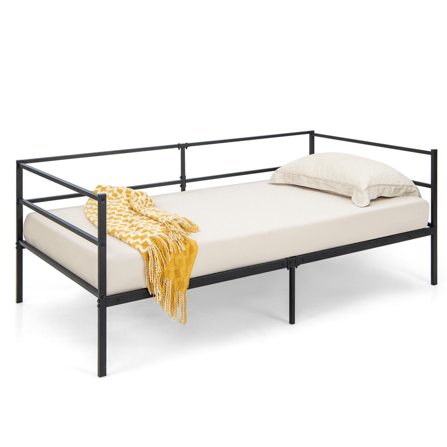 Modern Twin Metal Daybed Frame with Guardrails – Sofa Bed for Bedroom or Living Room