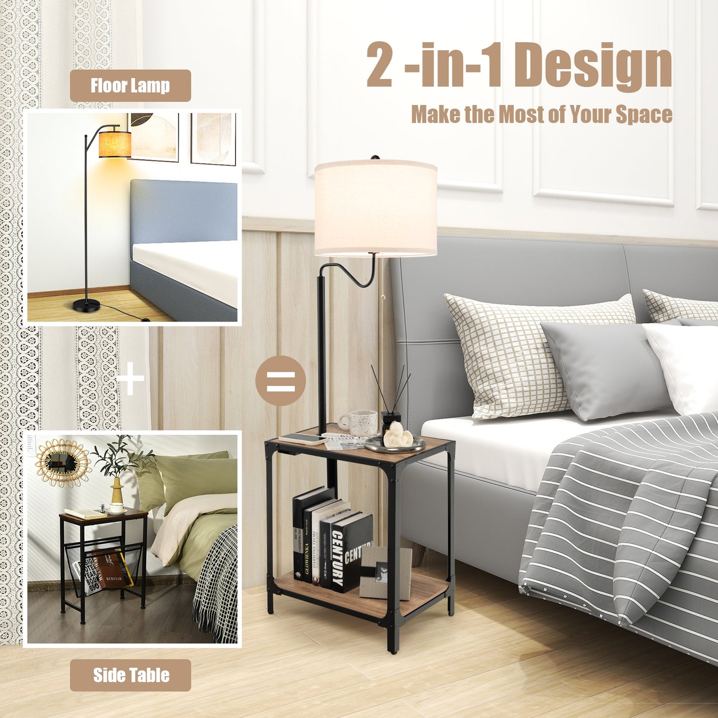 360° Rotatable Floor Lamp with Side Table & USB Charging Ports for Modern Living