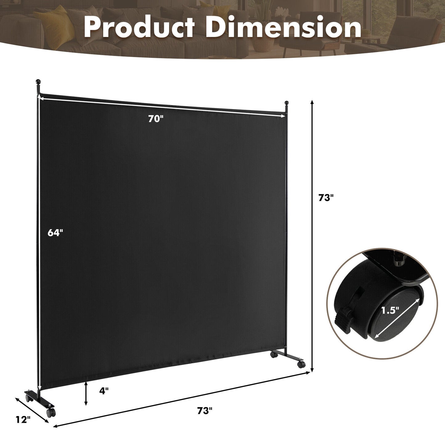 6 Foot Rolling Privacy Screen with Lockable Wheels Single Panel Divider - Black